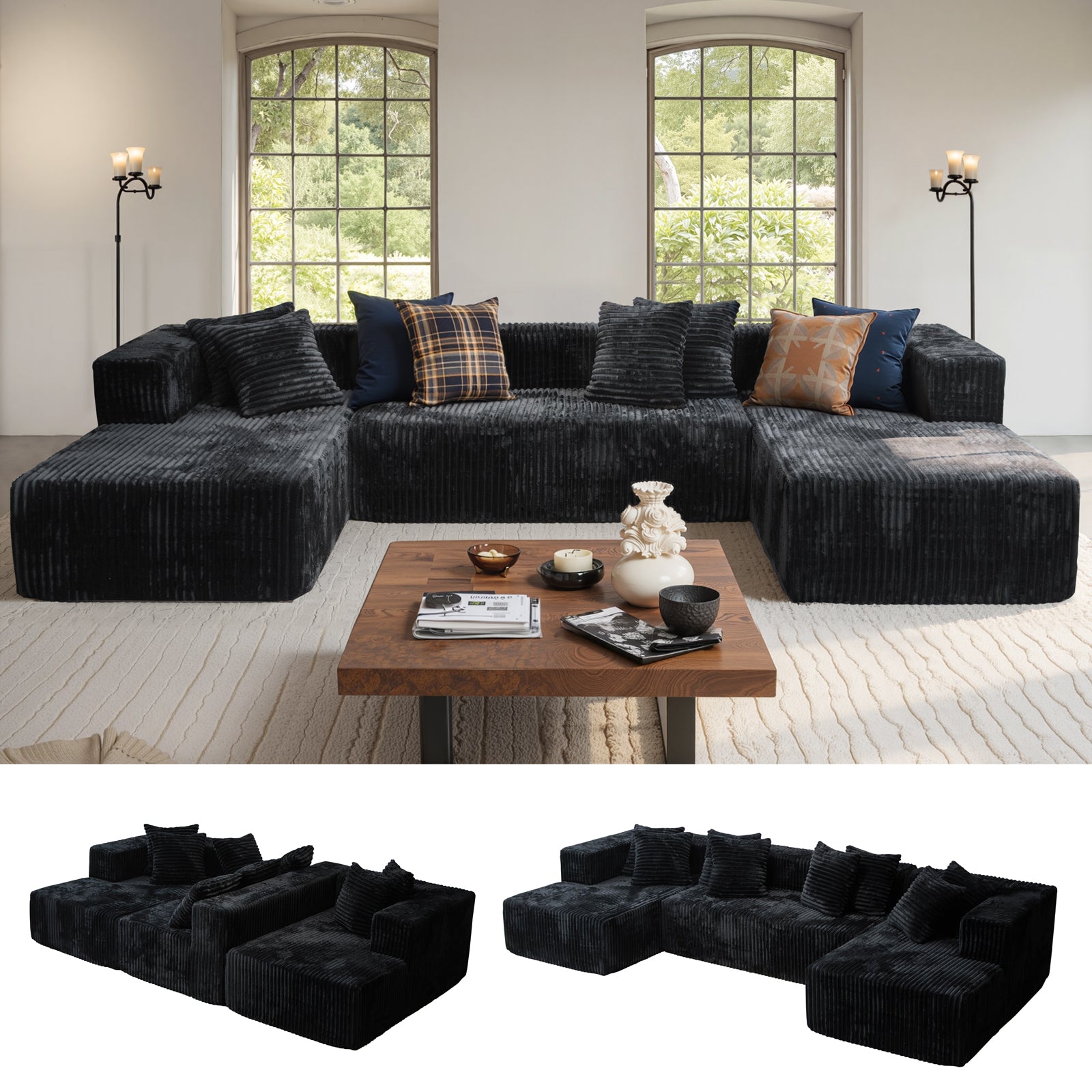 132'' U Shaped Sectional Couches for Living Room, Black Modular Boneless Cloud Sofa with 2 Chaise Lounges, 4-in-1 Flexible Combination Layered Foam Cushion Deep Seat Corner Couch, No Assembly