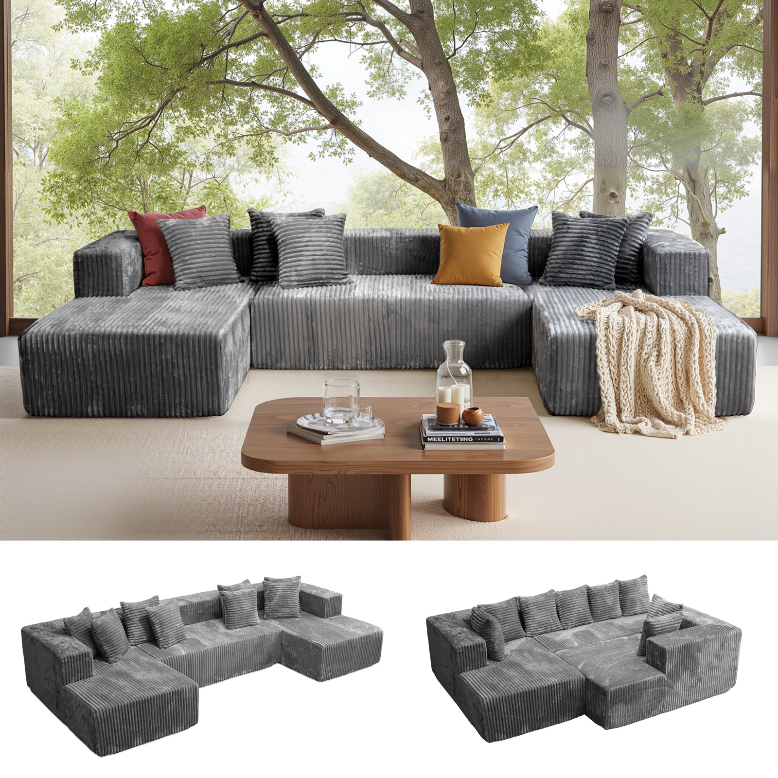 132'' U Shaped Sectional Couches for Living Room, Black Modular Boneless Cloud Sofa with 2 Chaise Lounges, 4-in-1 Flexible Combination Layered Foam Cushion Deep Seat Corner Couch, No Assembly