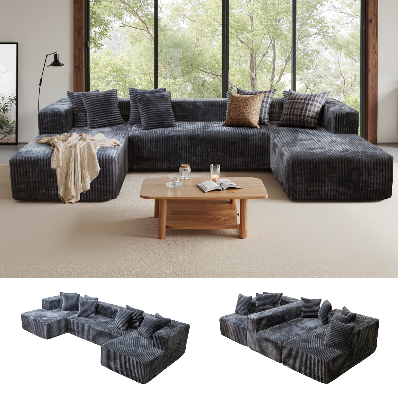 132'' U Shaped Sectional Couches for Living Room, Black Modular Boneless Cloud Sofa with 2 Chaise Lounges, 4-in-1 Flexible Combination Layered Foam Cushion Deep Seat Corner Couch, No Assembly