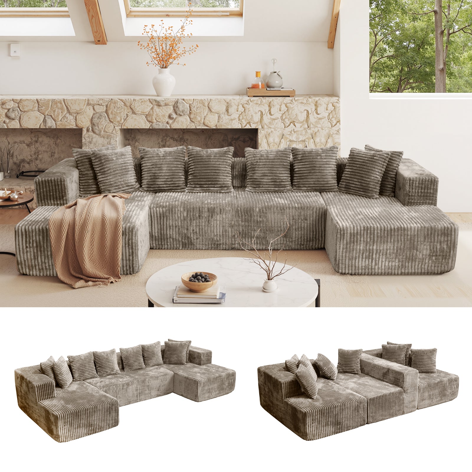 132'' U Shaped Sectional Couches for Living Room, Black Modular Boneless Cloud Sofa with 2 Chaise Lounges, 4-in-1 Flexible Combination Layered Foam Cushion Deep Seat Corner Couch, No Assembly