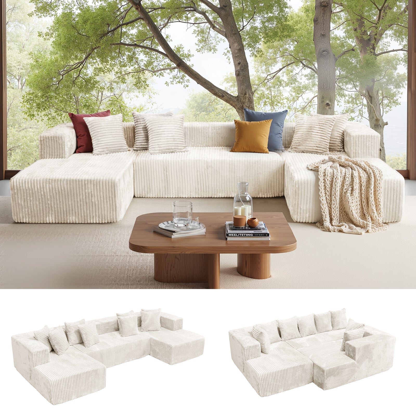 132'' U Shaped Sectional Couches for Living Room, Black Modular Boneless Cloud Sofa with 2 Chaise Lounges, 4-in-1 Flexible Combination Layered Foam Cushion Deep Seat Corner Couch, No Assembly