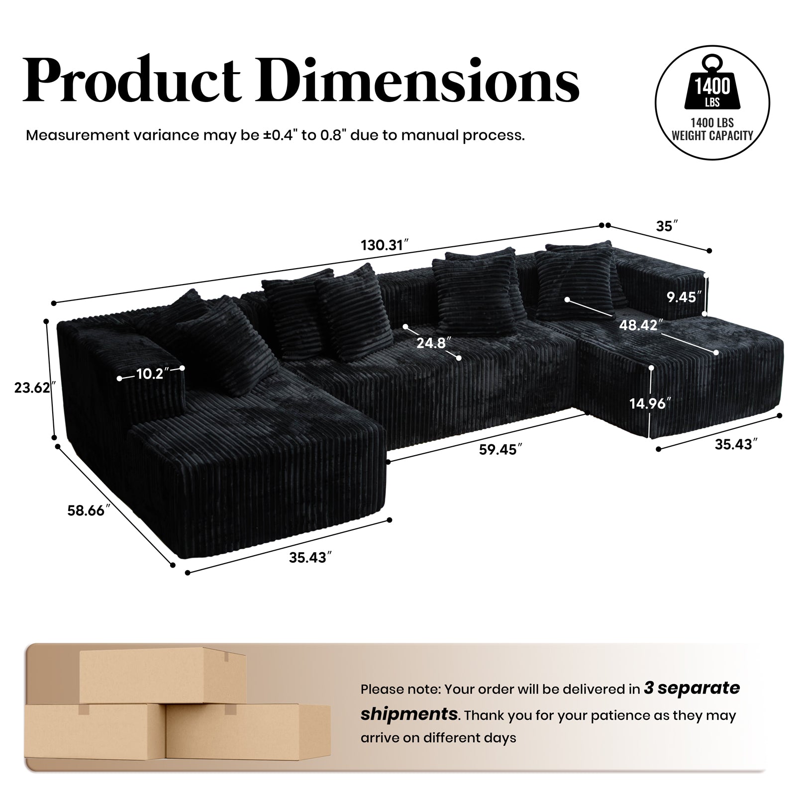 132'' U Shaped Sectional Couches for Living Room, Black Modular Boneless Cloud Sofa with 2 Chaise Lounges, 4-in-1 Flexible Combination Layered Foam Cushion Deep Seat Corner Couch, No Assembly