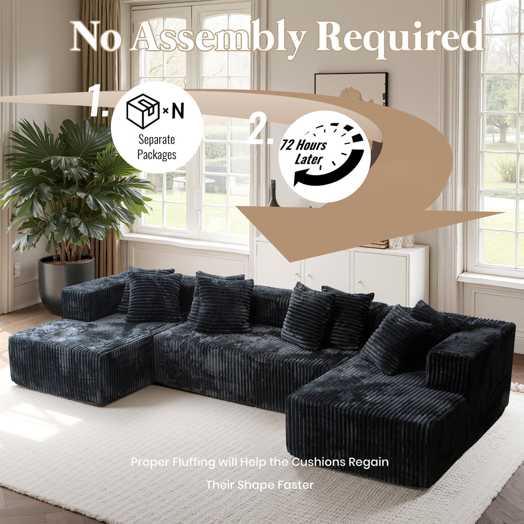 132'' U Shaped Sectional Couches for Living Room, Black Modular Boneless Cloud Sofa with 2 Chaise Lounges, 4-in-1 Flexible Combination Layered Foam Cushion Deep Seat Corner Couch, No Assembly