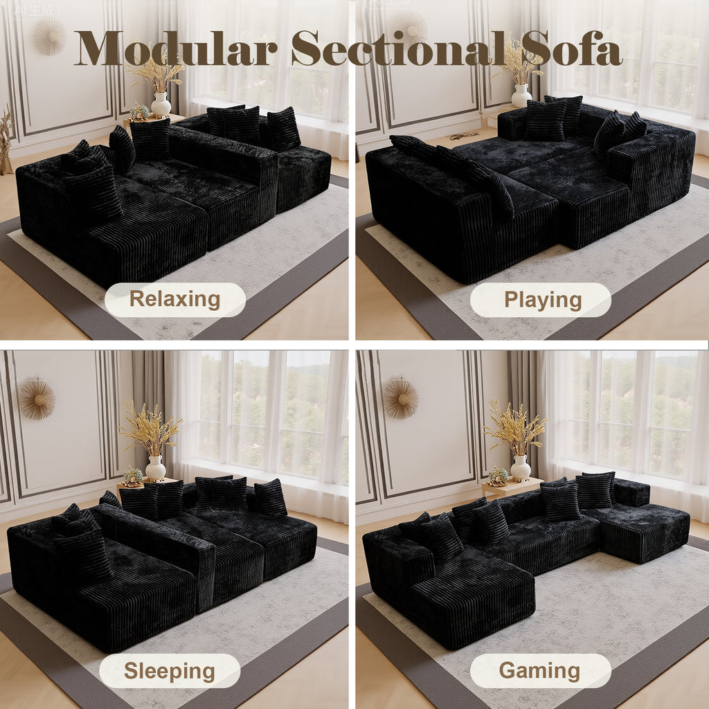 Kelyda 132 Inch Modular Sectional Sleeper Sofa, Modern U Shaped Fuax Fur Boneless Cloud Couch for Living Room