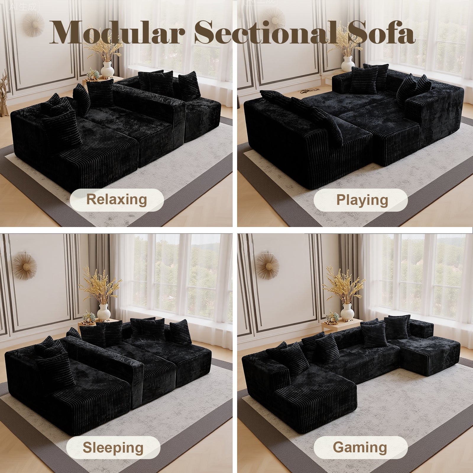 Kelyda 132 Inch Modular Sectional Sleeper Sofa, Modern U Shaped Fuax Fur Boneless Cloud Couch for Living Room