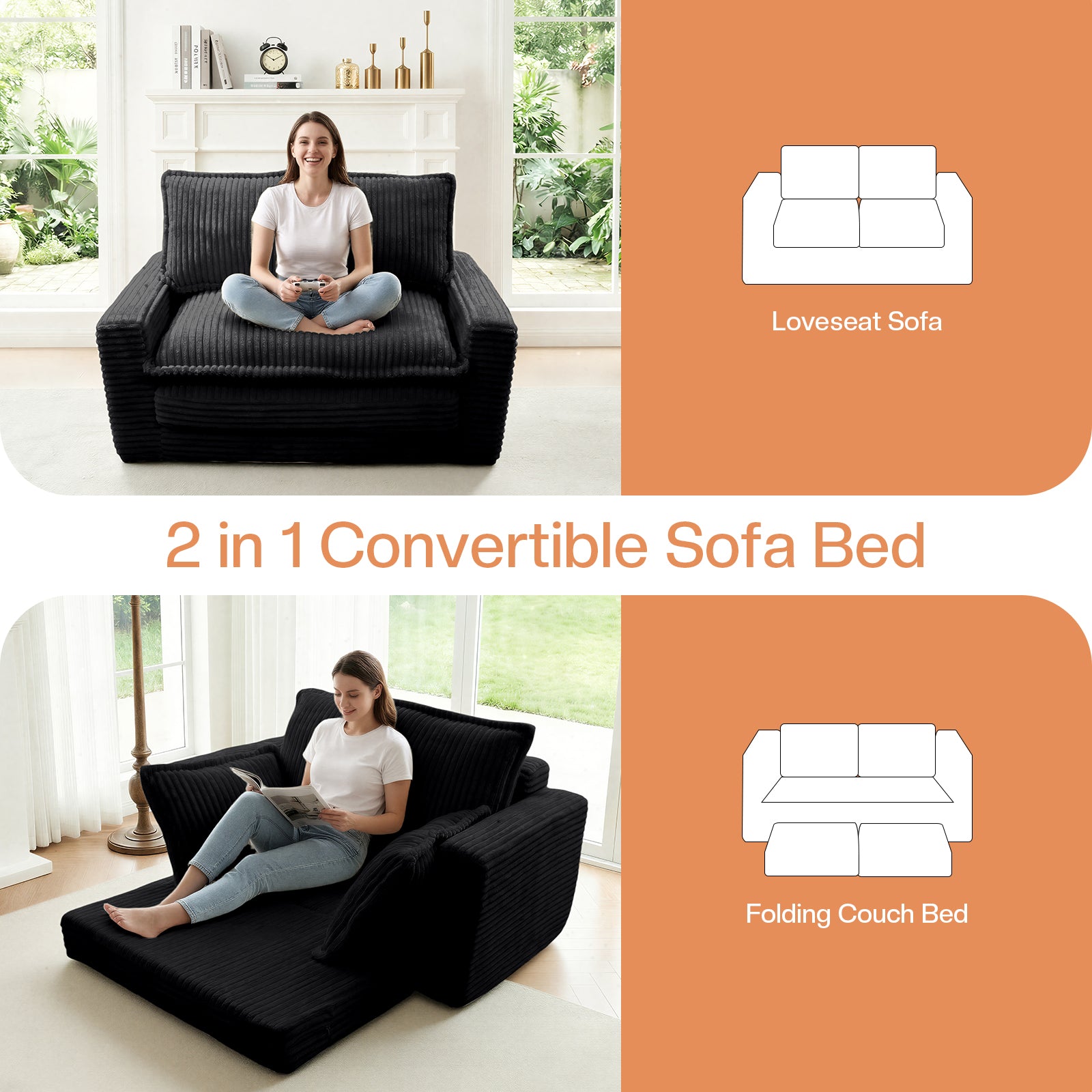 Kelyda Convertible Sofa Bed, 2 in 1 Modern Cloud Boneless Sofa Bed Loveseat Couch Sleeper Chairs for Living Room Grey