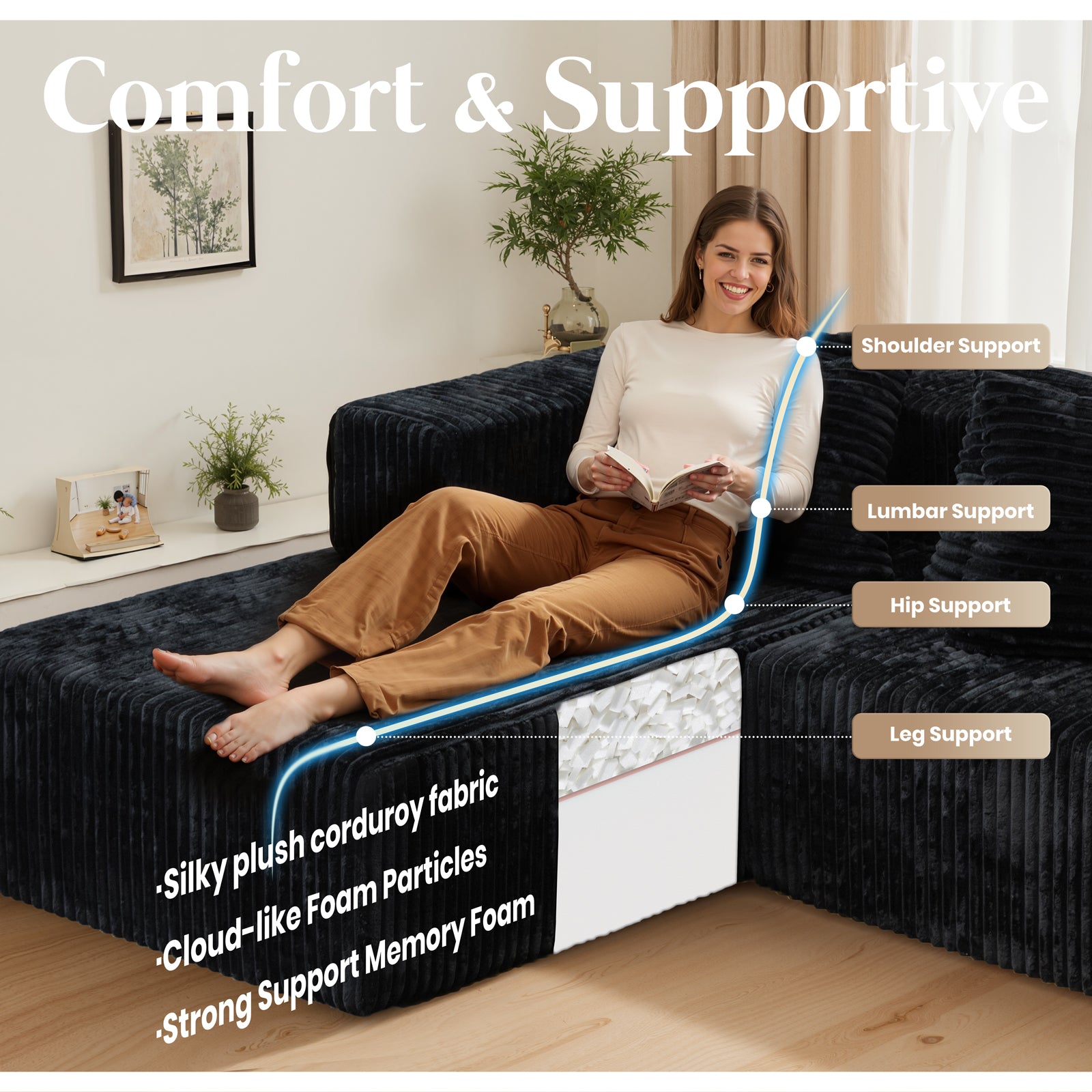 132'' U Shaped Sectional Couches for Living Room, Black Modular Boneless Cloud Sofa with 2 Chaise Lounges, 4-in-1 Flexible Combination Layered Foam Cushion Deep Seat Corner Couch, No Assembly