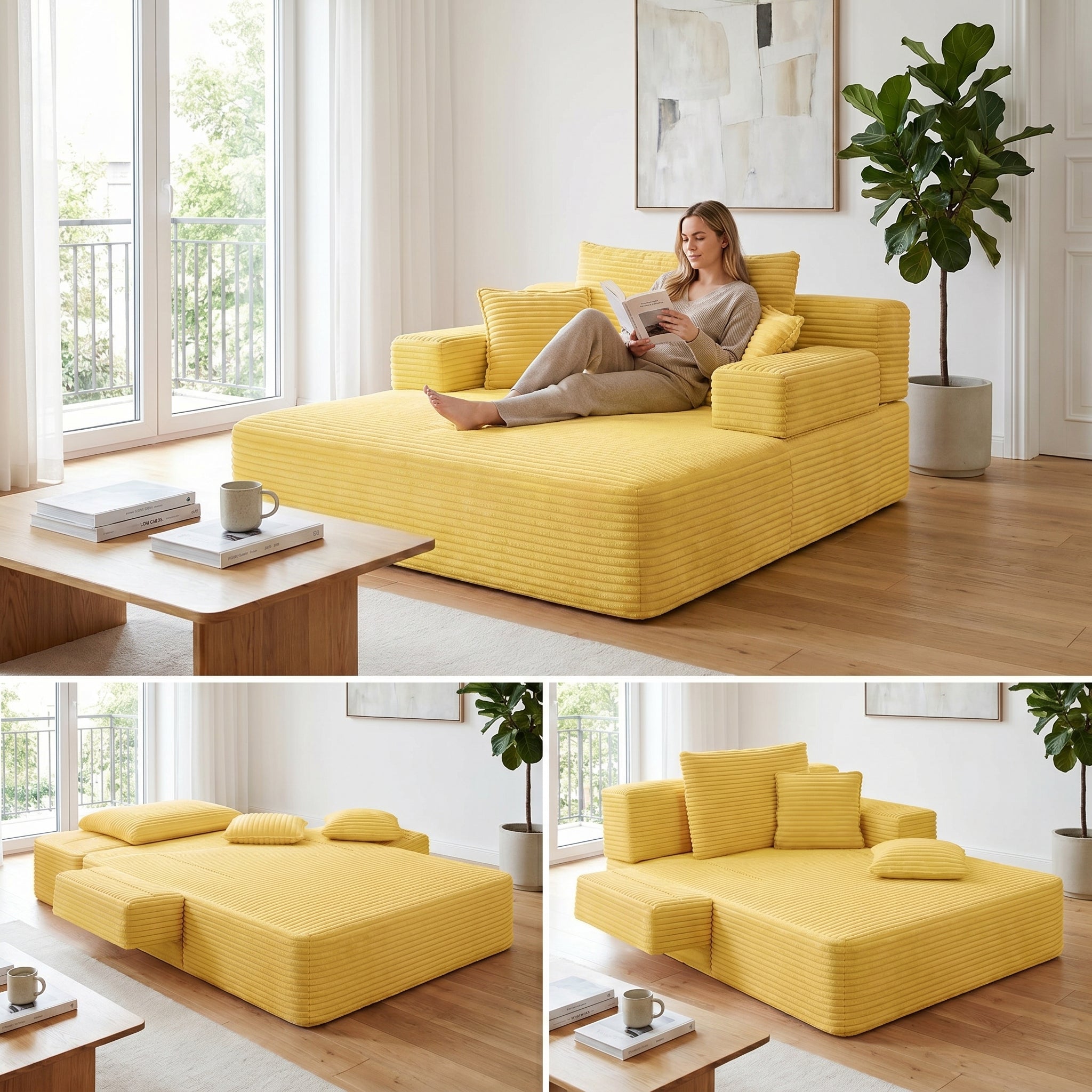 Kelyda Oversized Chaise Lounge Chair Indoor, Modern Boneless Convertible Corduroy Couch Loveseat Sofa Sleeper