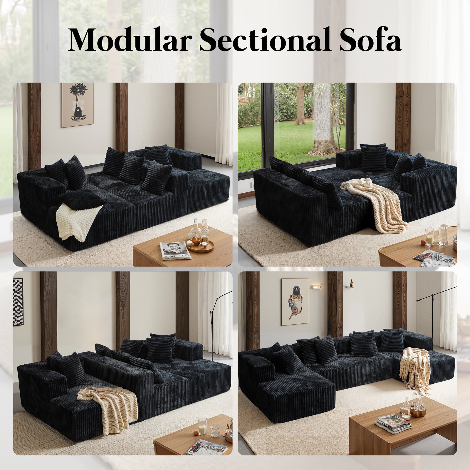 132'' U Shaped Sectional Couches for Living Room, Black Modular Boneless Cloud Sofa with 2 Chaise Lounges, 4-in-1 Flexible Combination Layered Foam Cushion Deep Seat Corner Couch, No Assembly