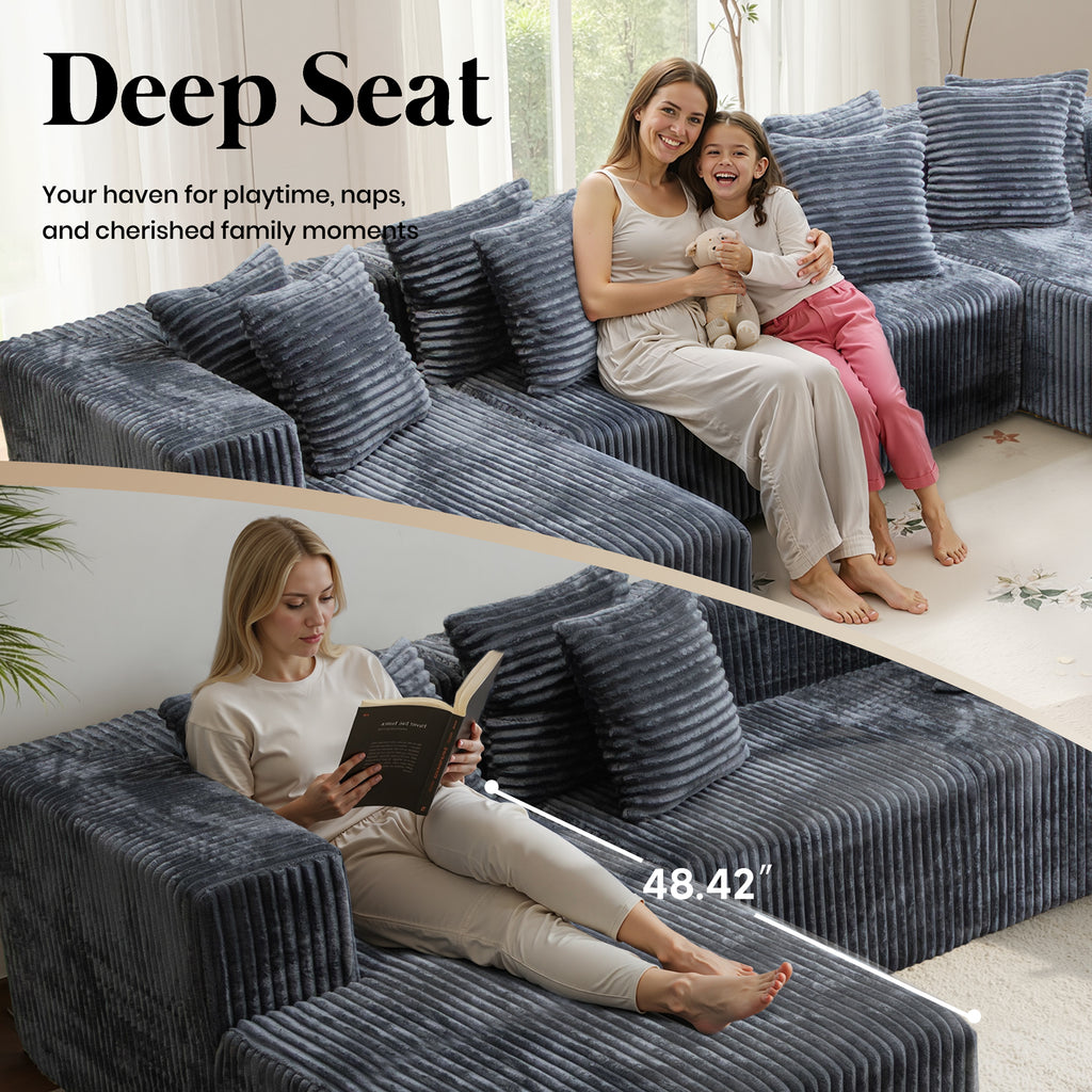 132'' U Shaped Sectional Couches for Living Room, Black Modular Boneless Cloud Sofa with 2 Chaise Lounges, 4-in-1 Flexible Combination Layered Foam Cushion Deep Seat Corner Couch, No Assembly