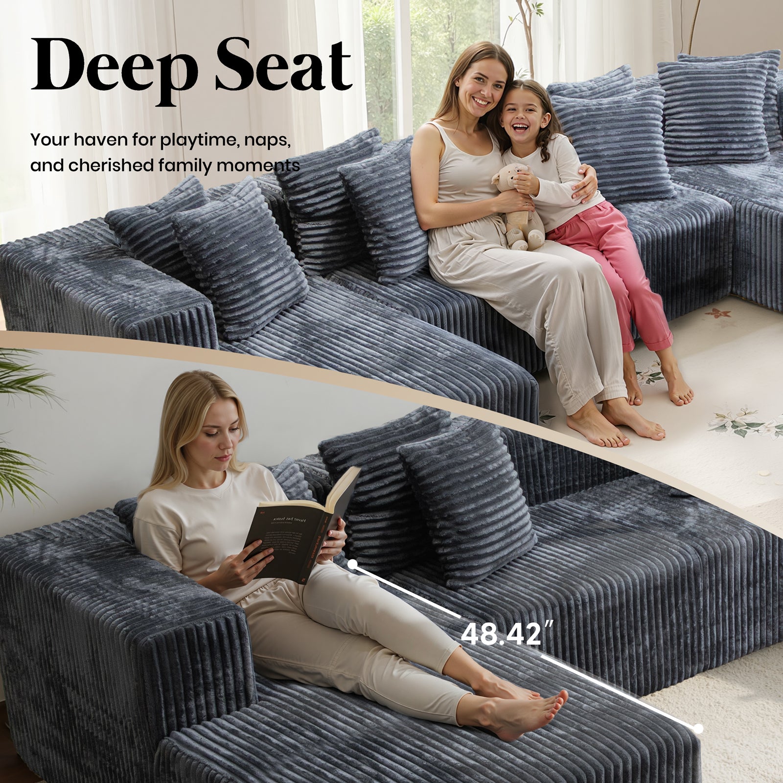 132'' U Shaped Sectional Couches for Living Room, Black Modular Boneless Cloud Sofa with 2 Chaise Lounges, 4-in-1 Flexible Combination Layered Foam Cushion Deep Seat Corner Couch, No Assembly