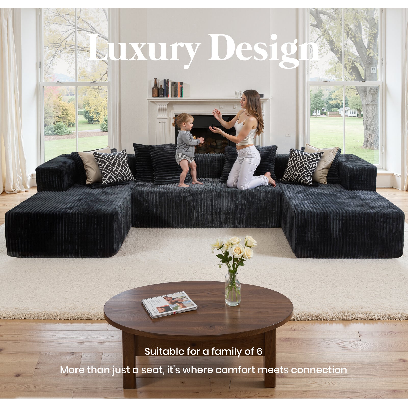 132'' U Shaped Sectional Couches for Living Room, Black Modular Boneless Cloud Sofa with 2 Chaise Lounges, 4-in-1 Flexible Combination Layered Foam Cushion Deep Seat Corner Couch, No Assembly