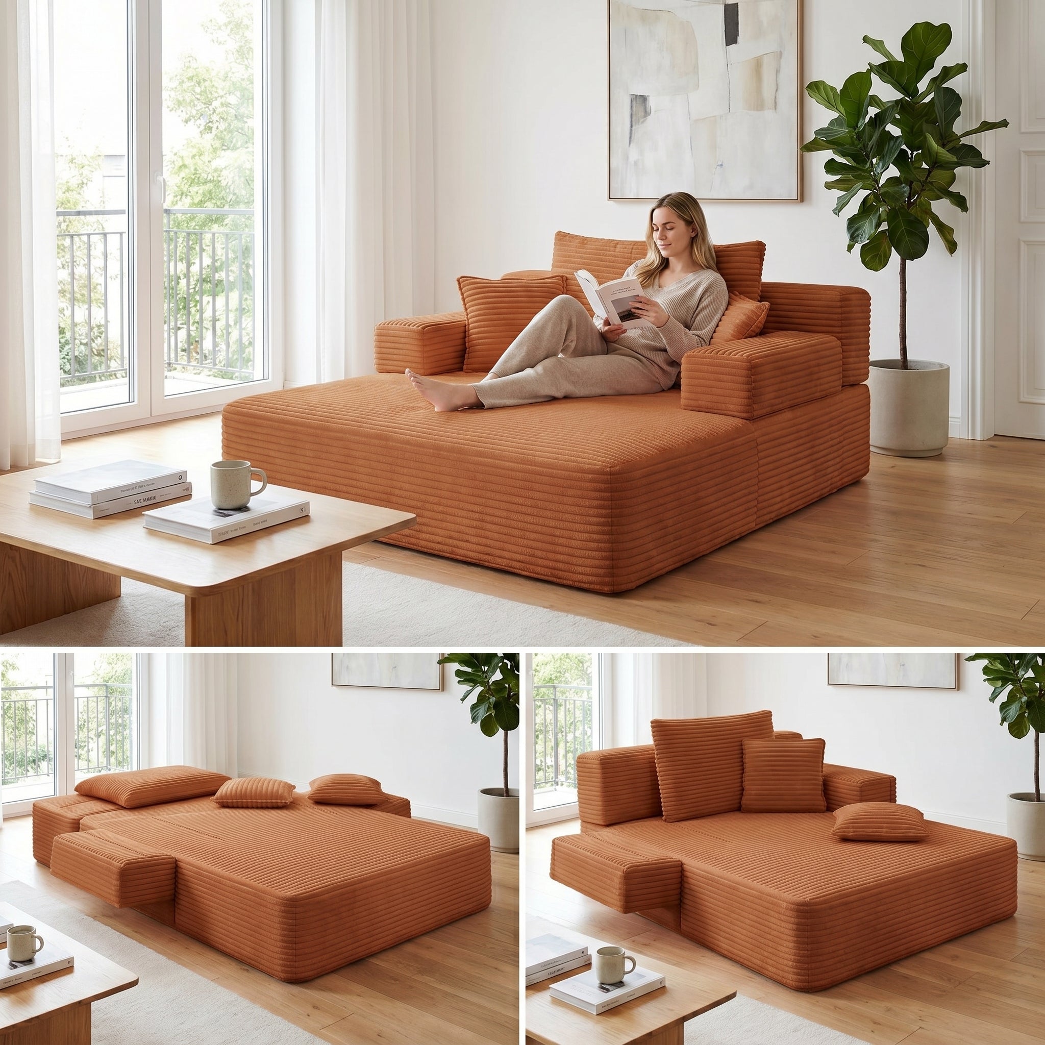 Kelyda Oversized Chaise Lounge Chair Indoor, Modern Boneless Convertible Corduroy Couch Loveseat Sofa Sleeper