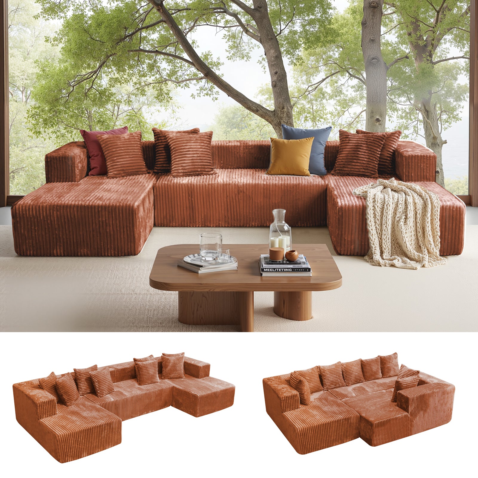 132'' U Shaped Sectional Couches for Living Room, Black Modular Boneless Cloud Sofa with 2 Chaise Lounges, 4-in-1 Flexible Combination Layered Foam Cushion Deep Seat Corner Couch, No Assembly