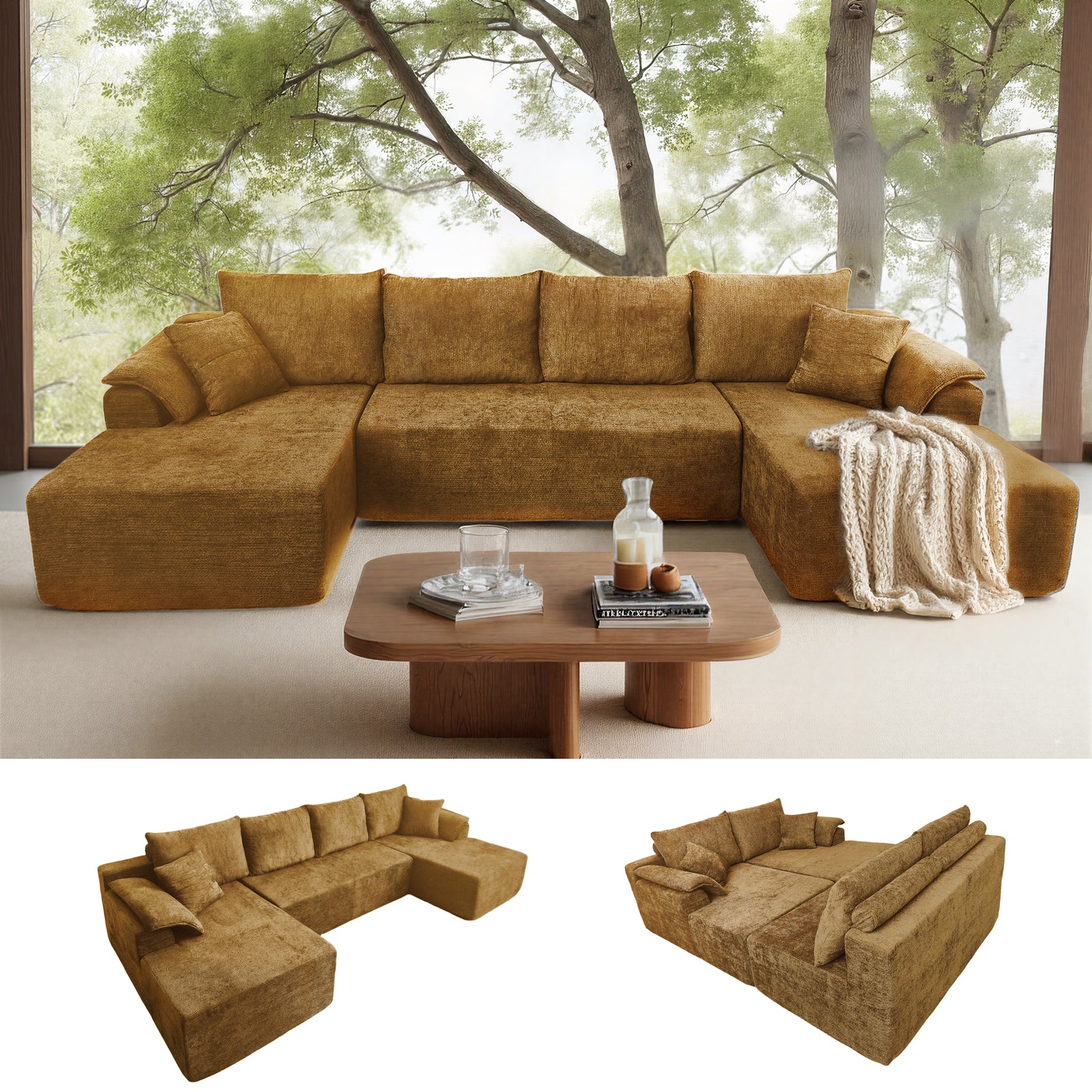132'' U Shaped Sectional Couches for Living Room, Black Modular Boneless Cloud Sofa with 2 Chaise Lounges, 4-in-1 Flexible Combination Layered Foam Cushion Deep Seat Corner Couch, No Assembly