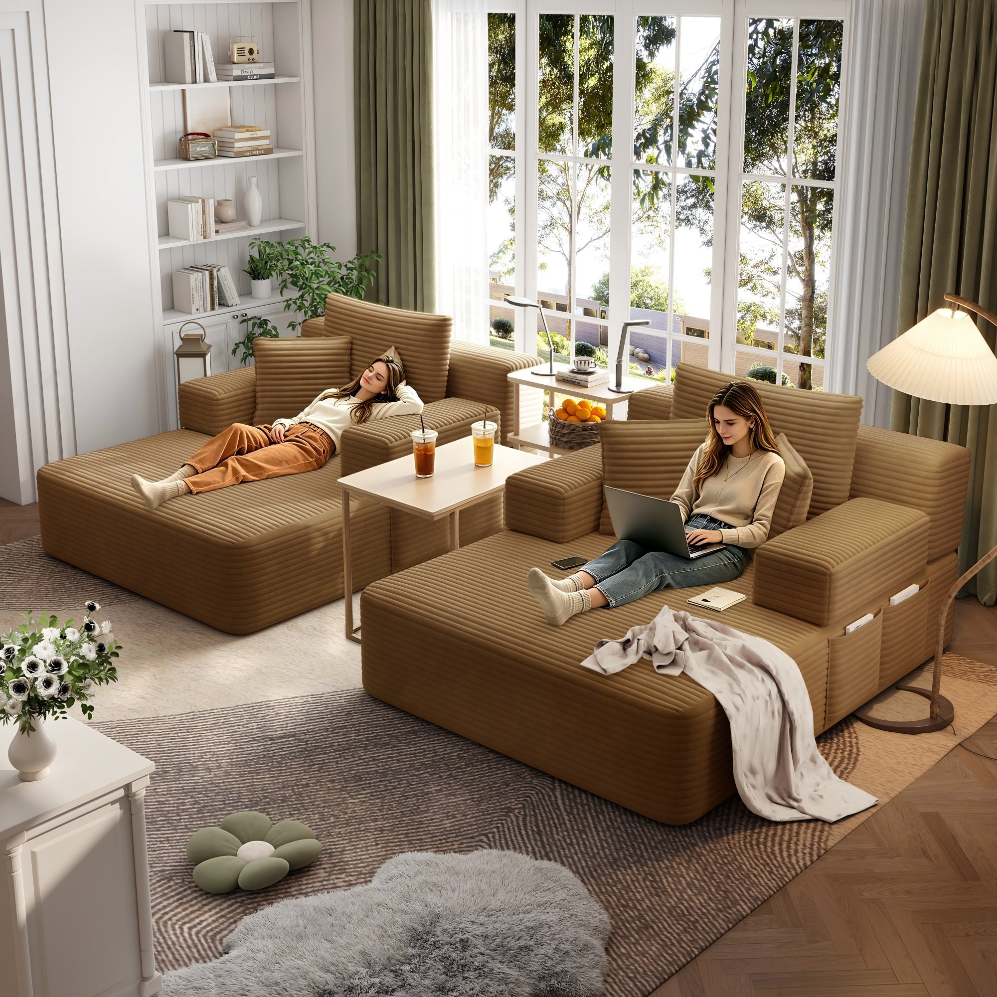 Kelyda 97'' Oversized Chaise Lounge Chair Indoor, Modern Boneless Convertible Corduroy Couch Loveseat Sofa Sleeper