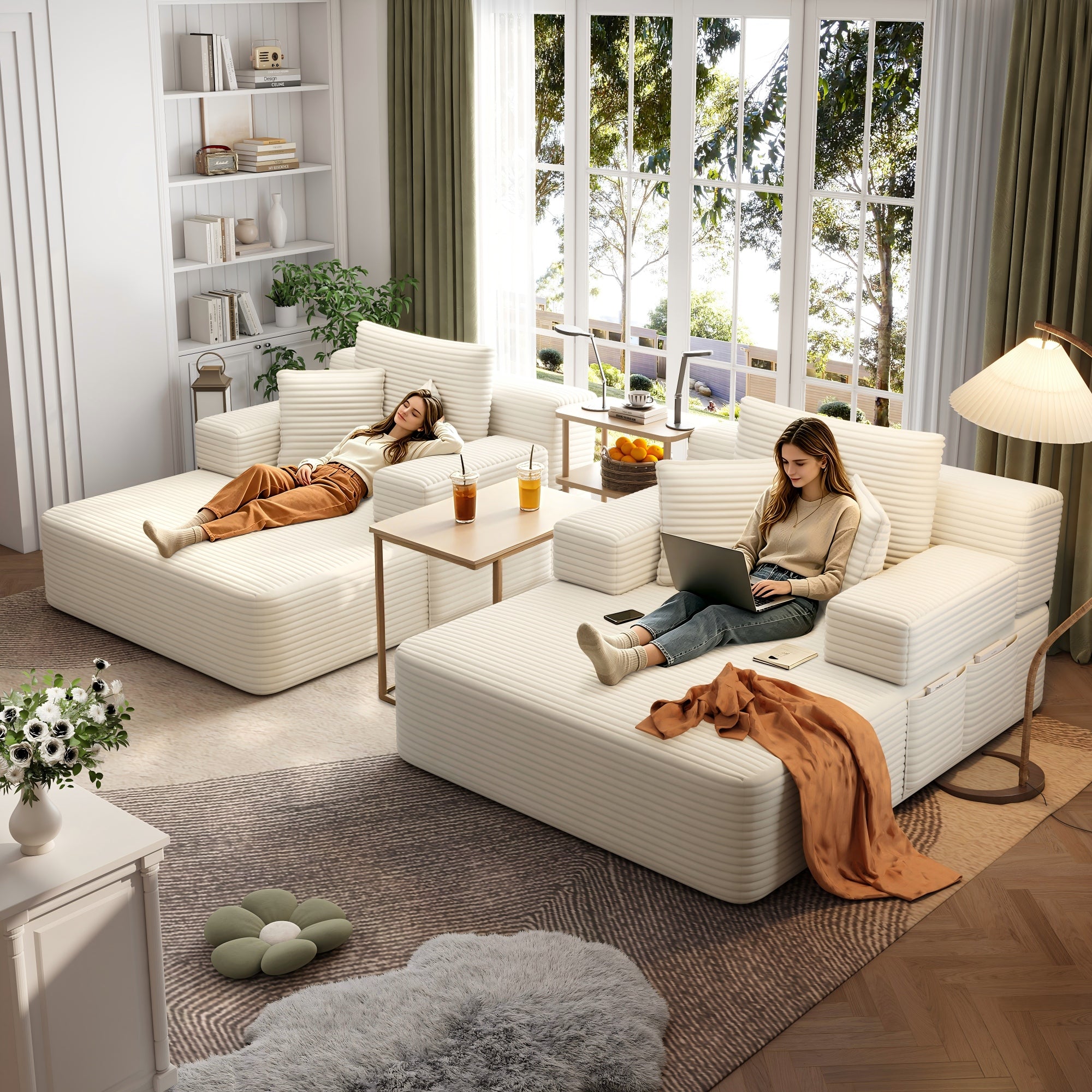 Kelyda 97'' Oversized Chaise Lounge Chair Indoor, Modern Boneless Convertible Corduroy Couch Loveseat Sofa Sleeper
