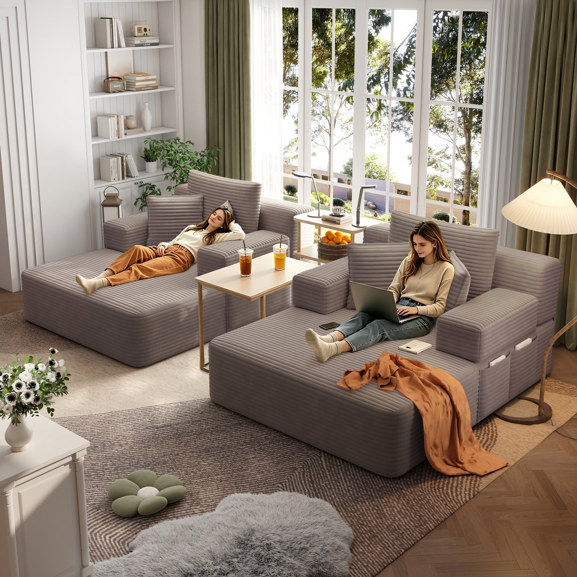 Kelyda 97'' Oversized Chaise Lounge Chair Indoor, Modern Boneless Convertible Corduroy Couch Loveseat Sofa Sleeper
