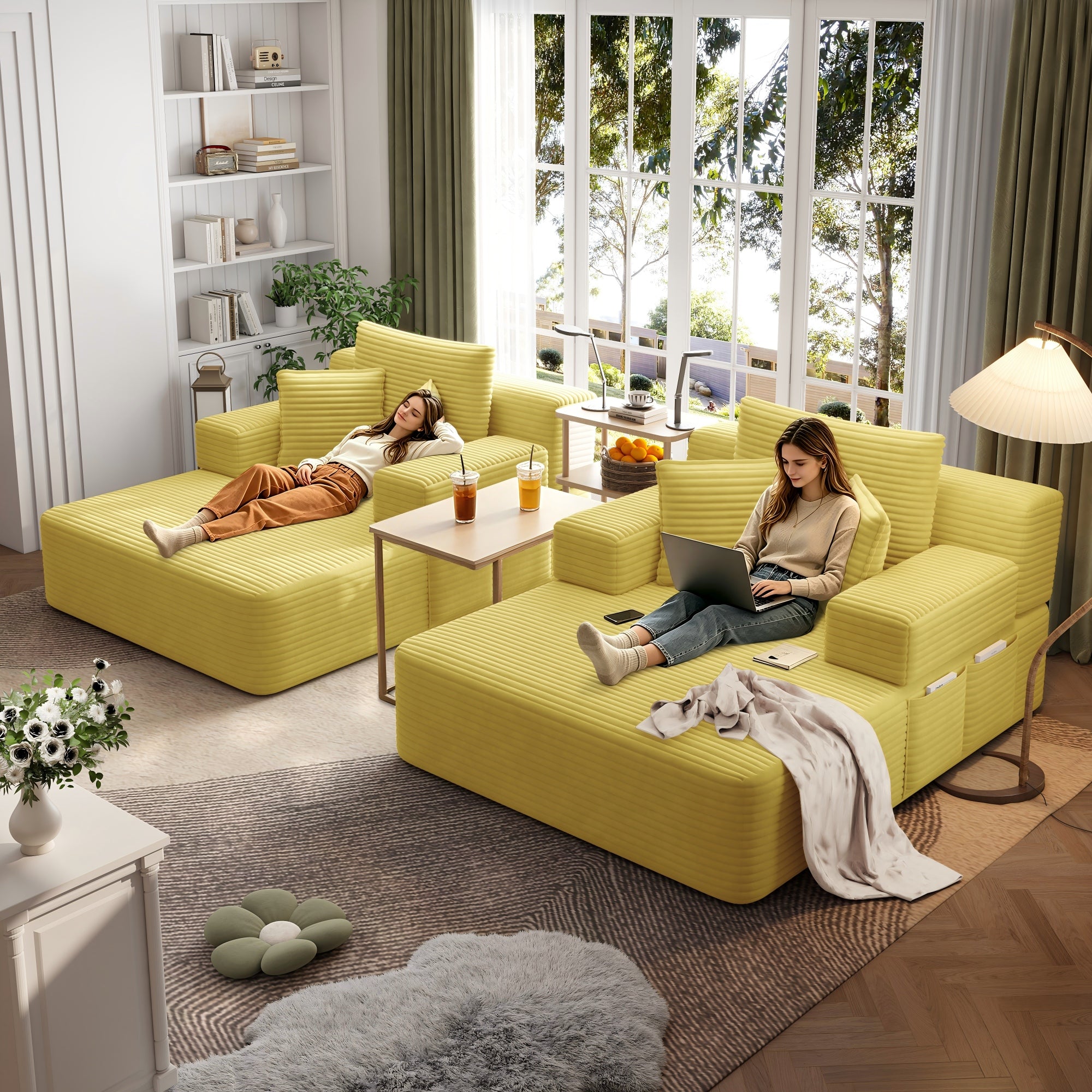 Kelyda 97'' Oversized Chaise Lounge Chair Indoor, Modern Boneless Convertible Corduroy Couch Loveseat Sofa Sleeper