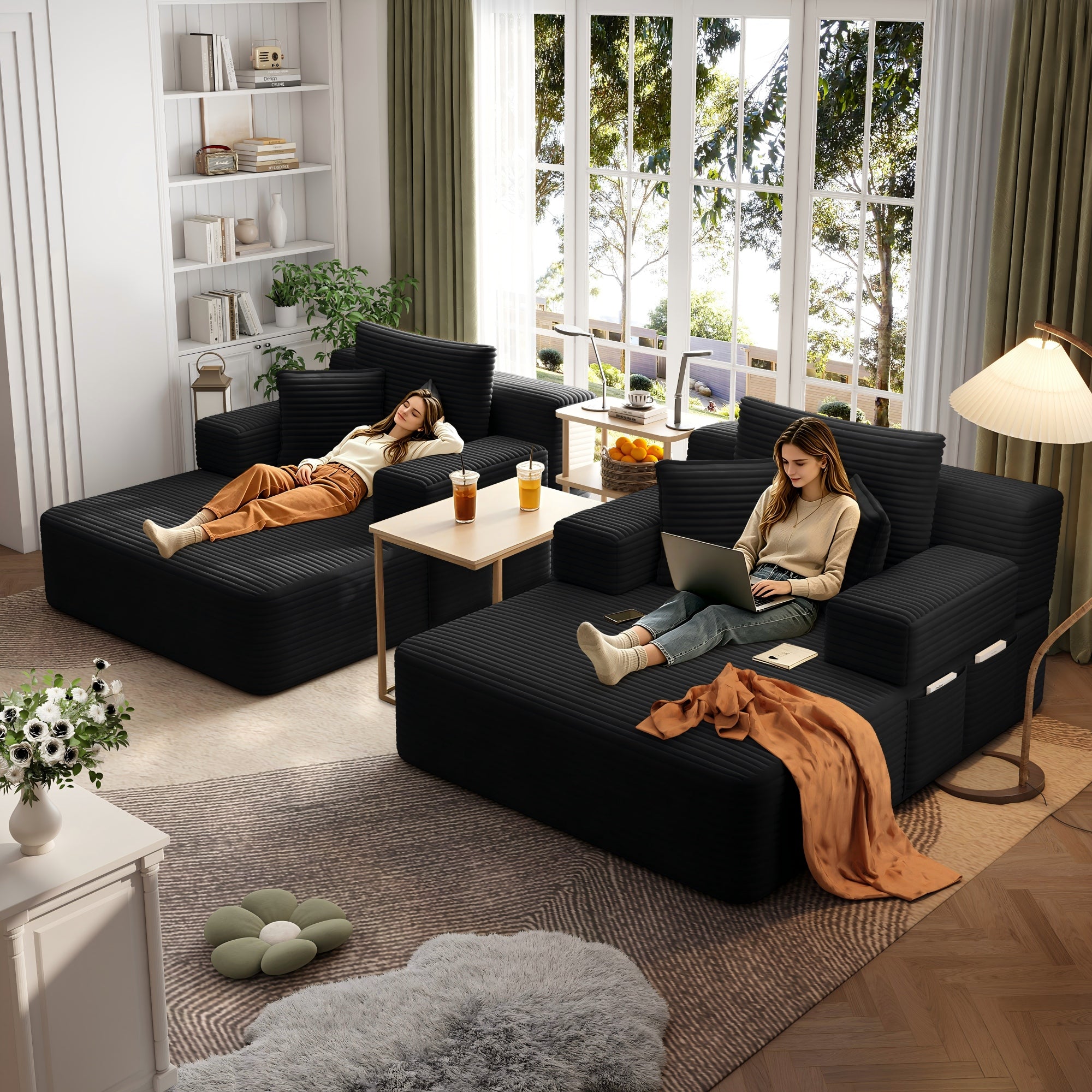 Kelyda 97'' Oversized Chaise Lounge Chair Indoor, Modern Boneless Convertible Corduroy Couch Loveseat Sofa Sleeper