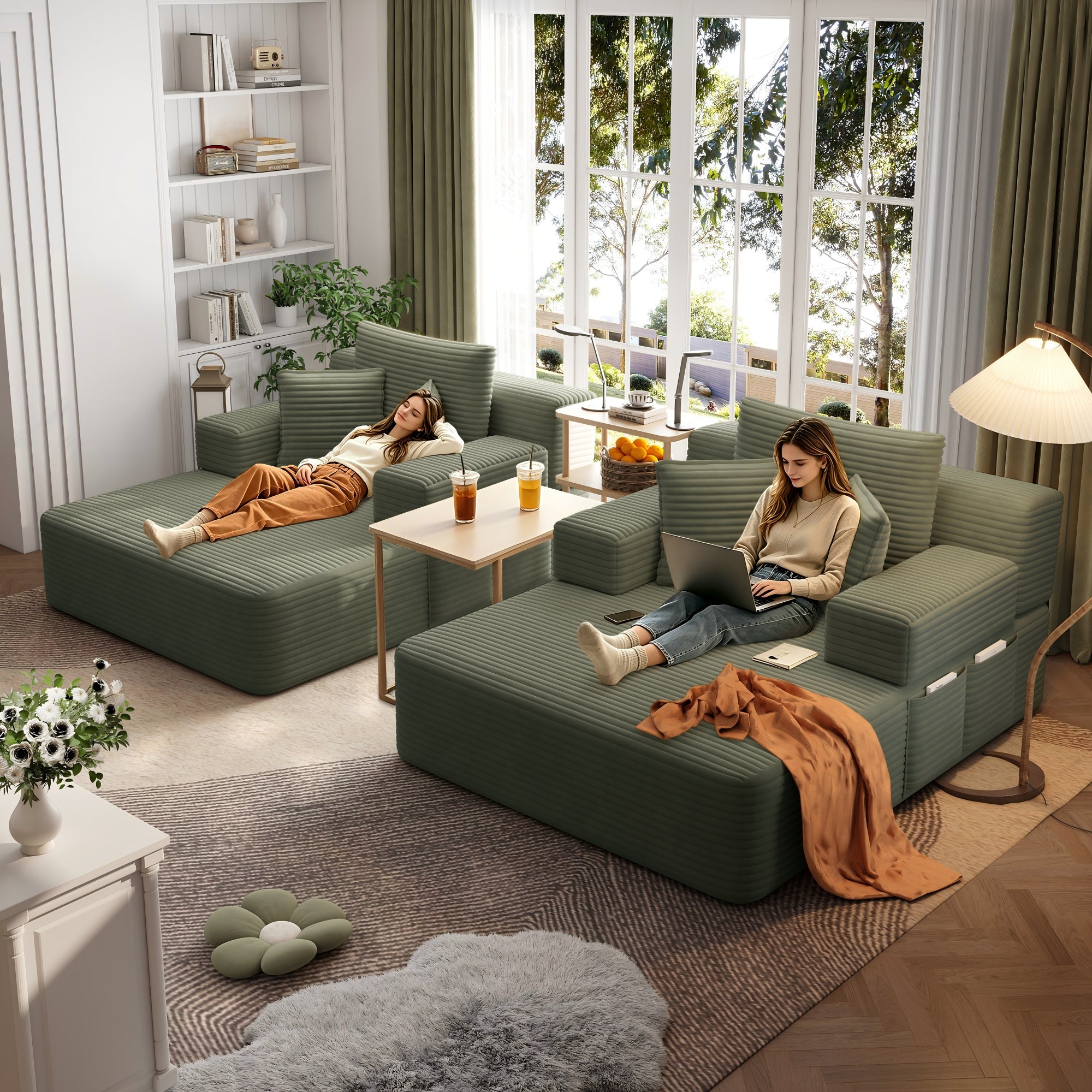 Kelyda 97'' Oversized Chaise Lounge Chair Indoor, Modern Boneless Convertible Corduroy Couch Loveseat Sofa Sleeper