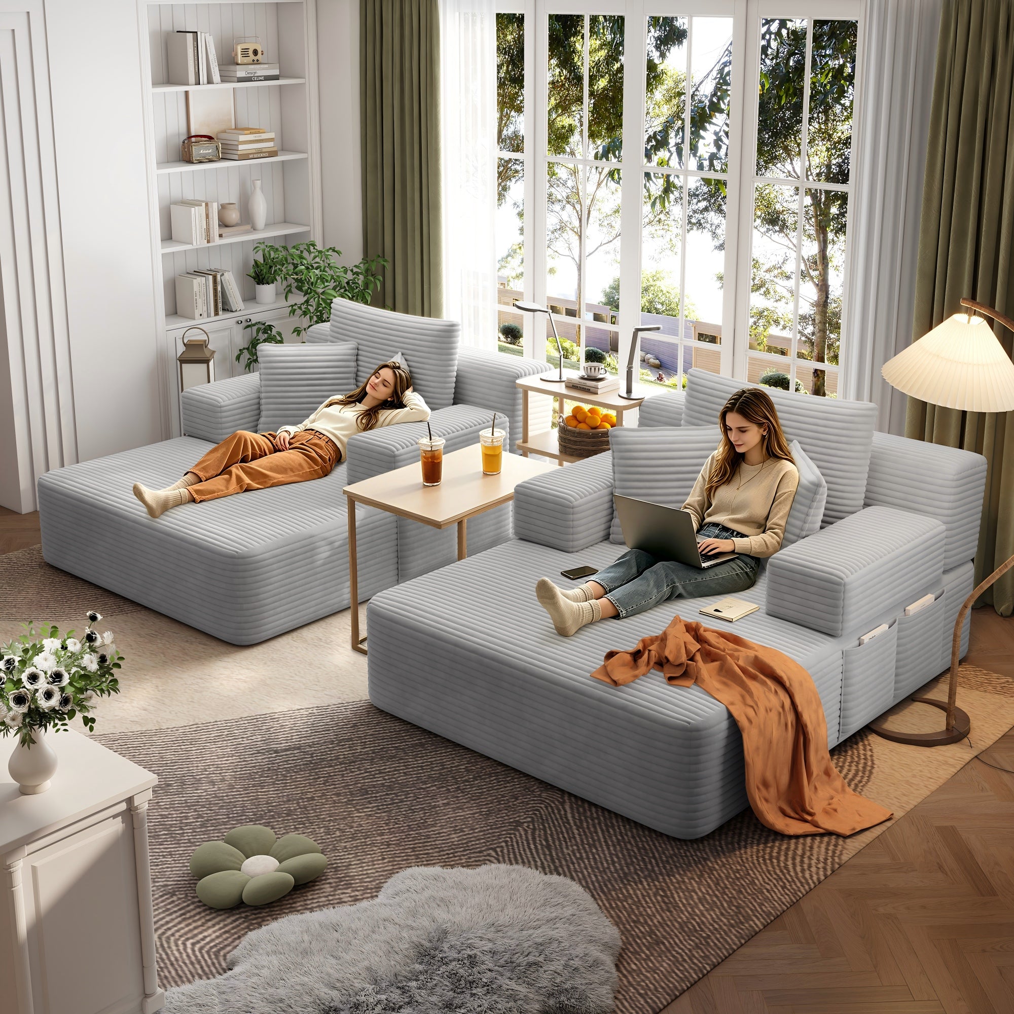 Kelyda 97'' Oversized Chaise Lounge Chair Indoor, Modern Boneless Convertible Corduroy Couch Loveseat Sofa Sleeper