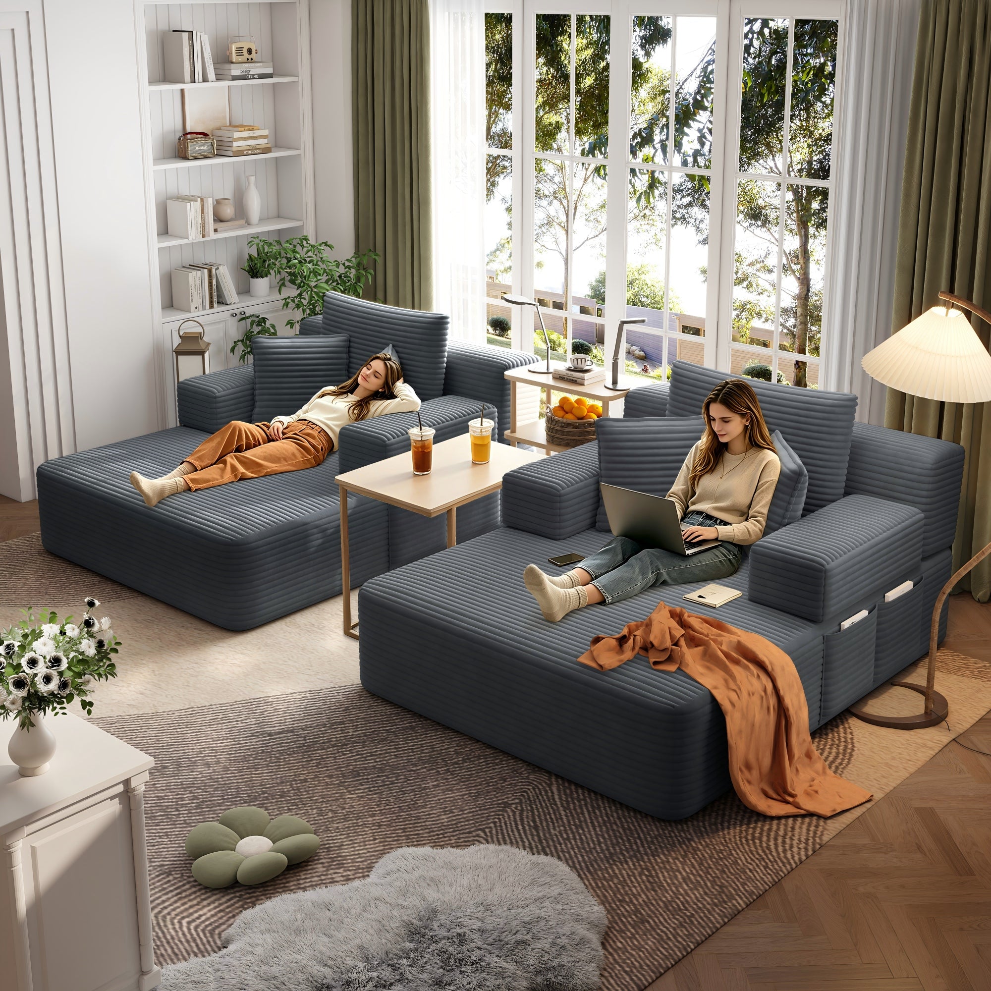 Kelyda 97'' Oversized Chaise Lounge Chair Indoor, Modern Boneless Convertible Corduroy Couch Loveseat Sofa Sleeper