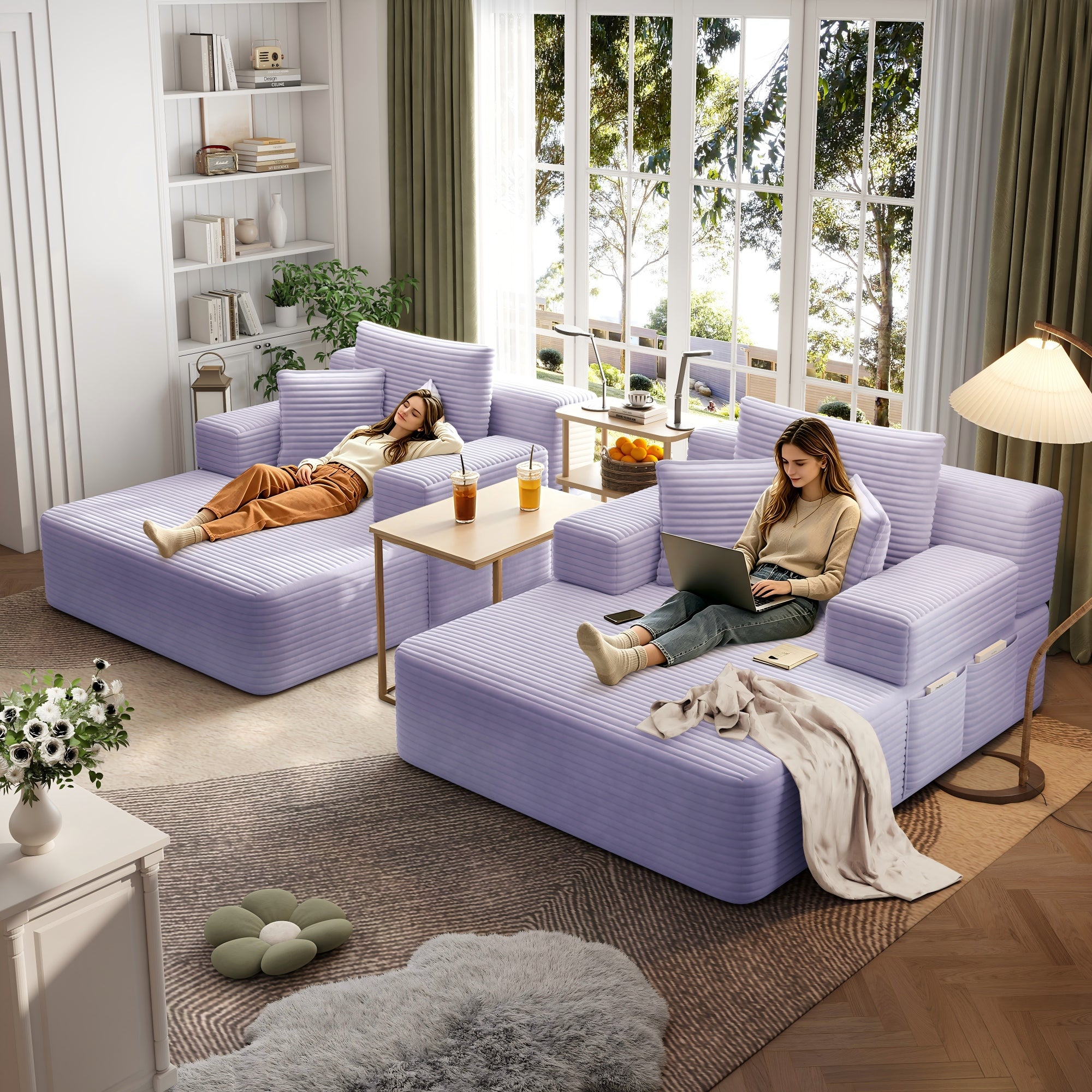 Kelyda 97'' Oversized Chaise Lounge Chair Indoor, Modern Boneless Convertible Corduroy Couch Loveseat Sofa Sleeper