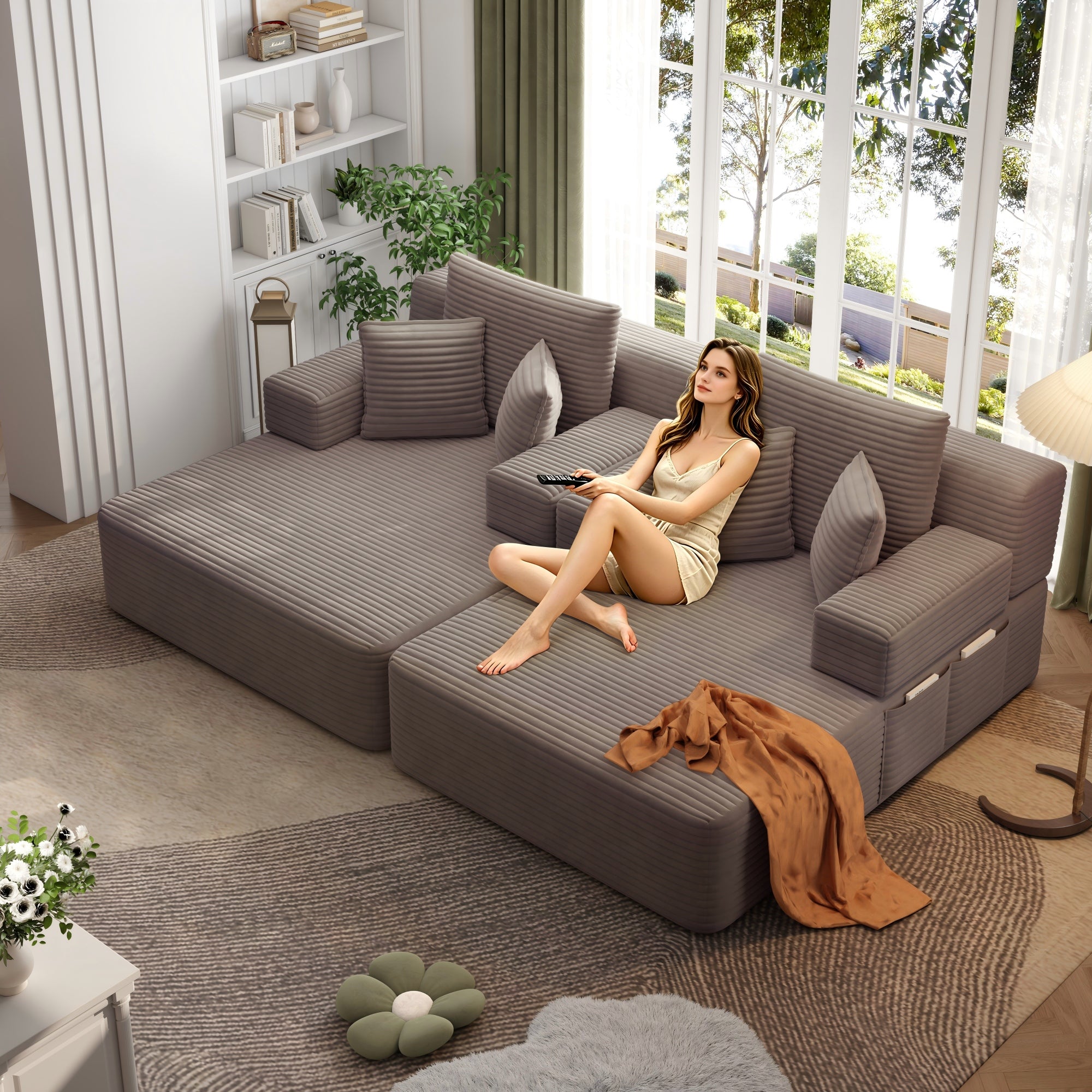 kelyda 97'' Double Chaise Lounge Chair Indoor, 2 in 1 Modern Convertible Cloud Corduroy Sofa Bed Sleeper Chair