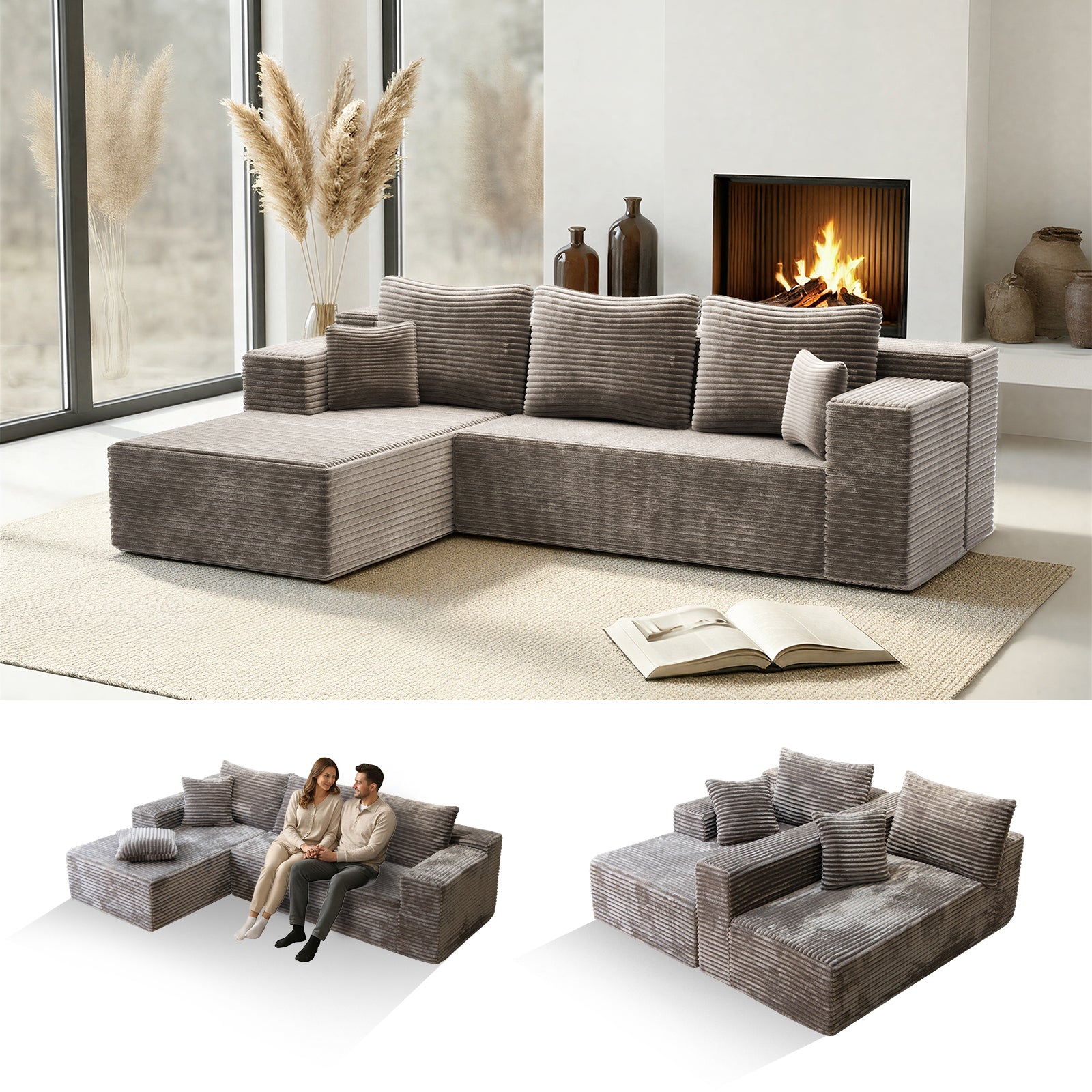 Kelyda 106" Boneless L-Shaped Modular Sectional Sofa, Faux Rabbit Fur for Living Room