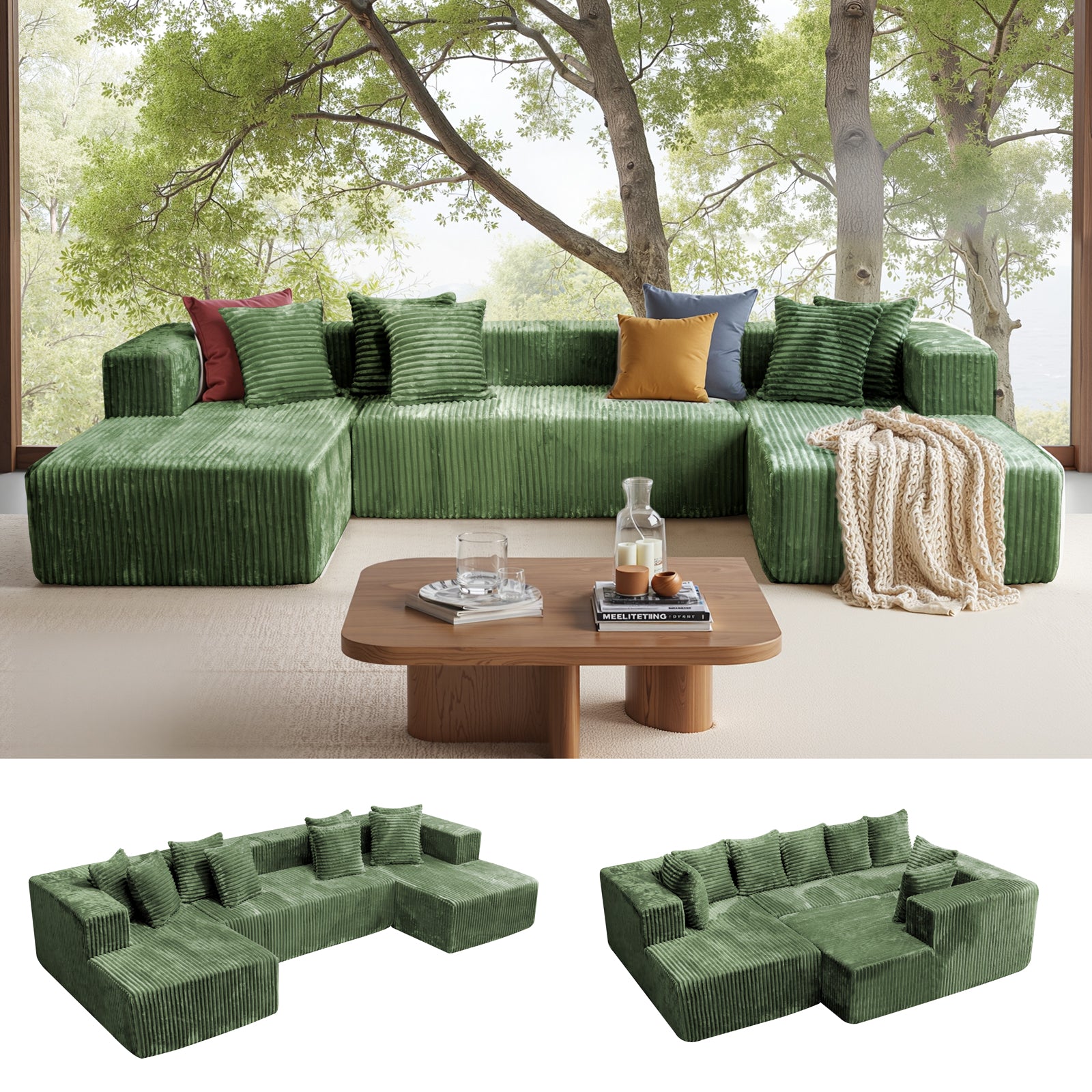 132'' U Shaped Sectional Couches for Living Room, Black Modular Boneless Cloud Sofa with 2 Chaise Lounges, 4-in-1 Flexible Combination Layered Foam Cushion Deep Seat Corner Couch, No Assembly
