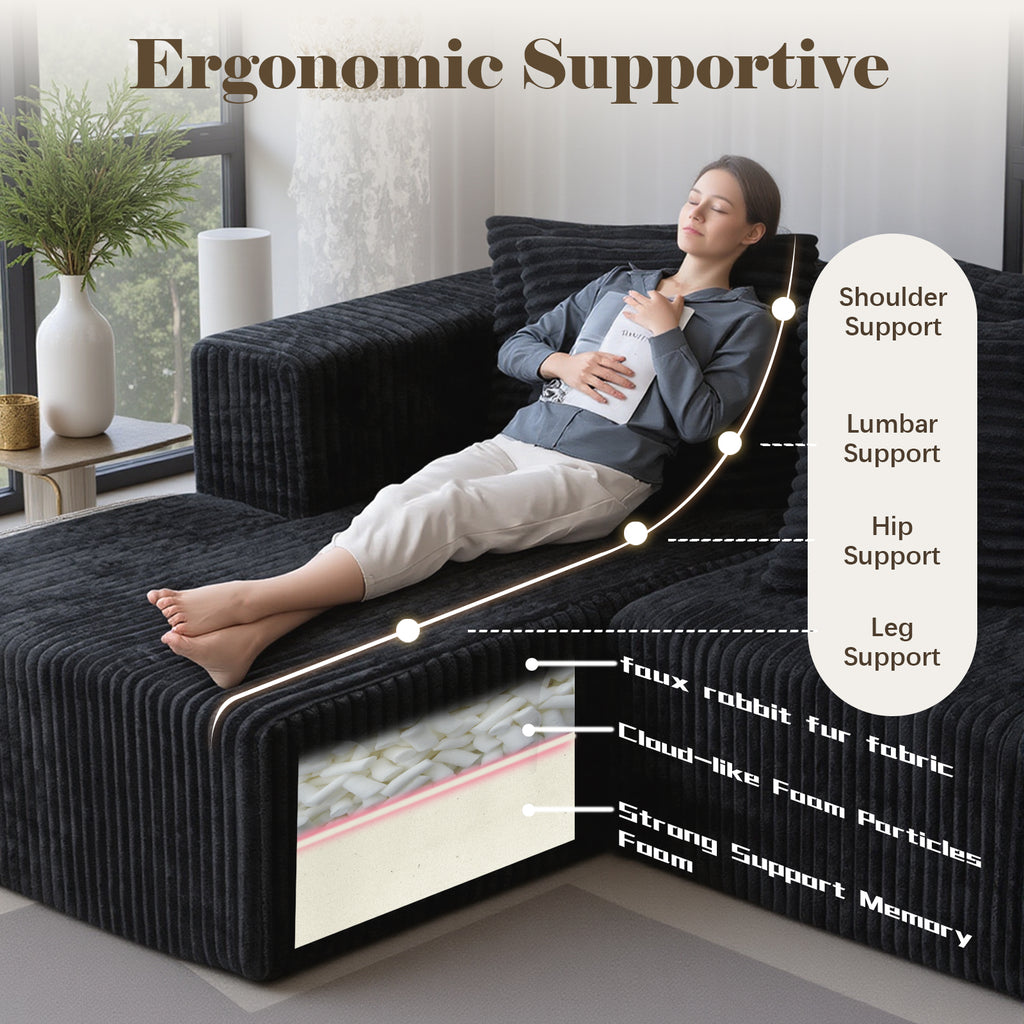 Kelyda 132 Inch Modular Sectional Sleeper Sofa, Modern U Shaped Fuax Fur Boneless Cloud Couch for Living Room
