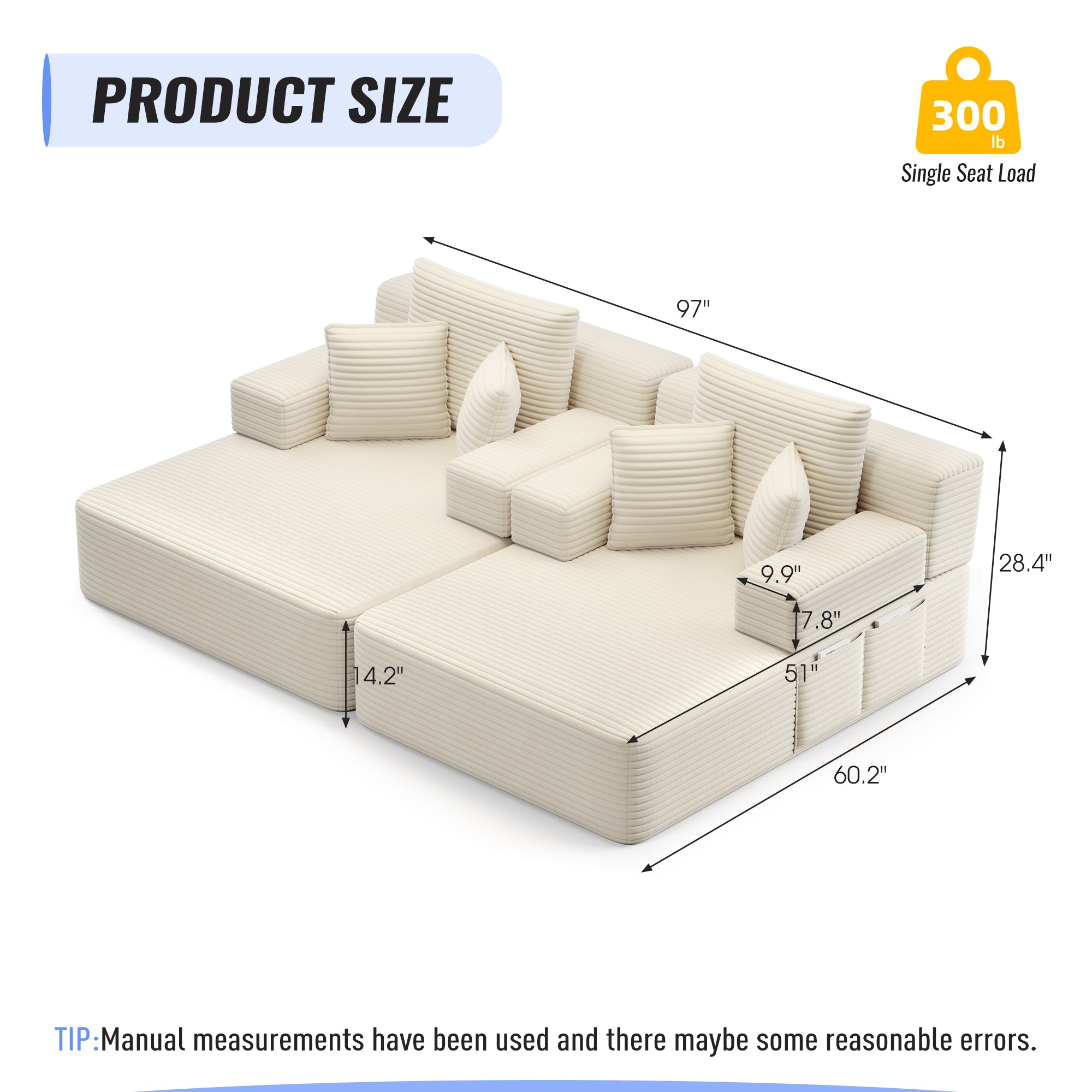 Kelyda 97'' Oversized Chaise Lounge Chair Indoor, Modern Boneless Convertible Corduroy Couch Loveseat Sofa Sleeper