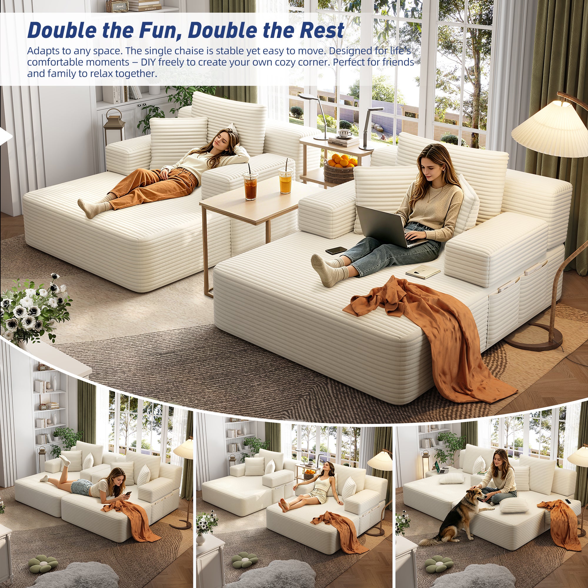 Kelyda 97'' Oversized Chaise Lounge Chair Indoor, Modern Boneless Convertible Corduroy Couch Loveseat Sofa Sleeper