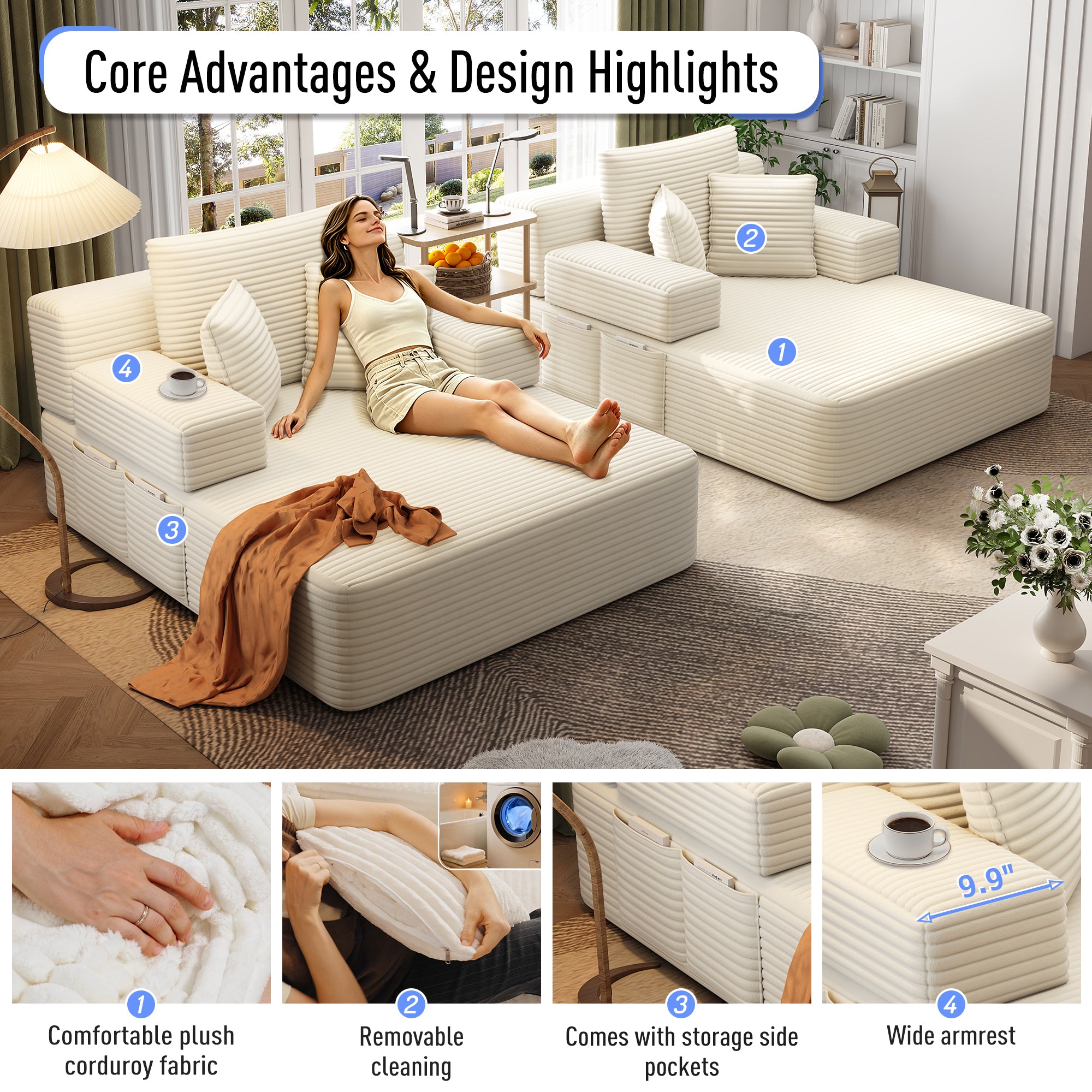 Kelyda 97'' Oversized Chaise Lounge Chair Indoor, Modern Boneless Convertible Corduroy Couch Loveseat Sofa Sleeper