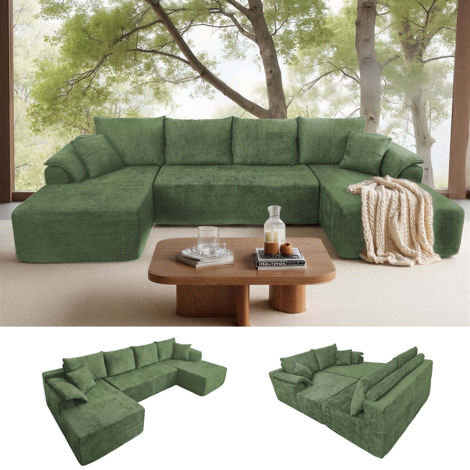 132'' U Shaped Sectional Couches for Living Room, Black Modular Boneless Cloud Sofa with 2 Chaise Lounges, 4-in-1 Flexible Combination Layered Foam Cushion Deep Seat Corner Couch, No Assembly