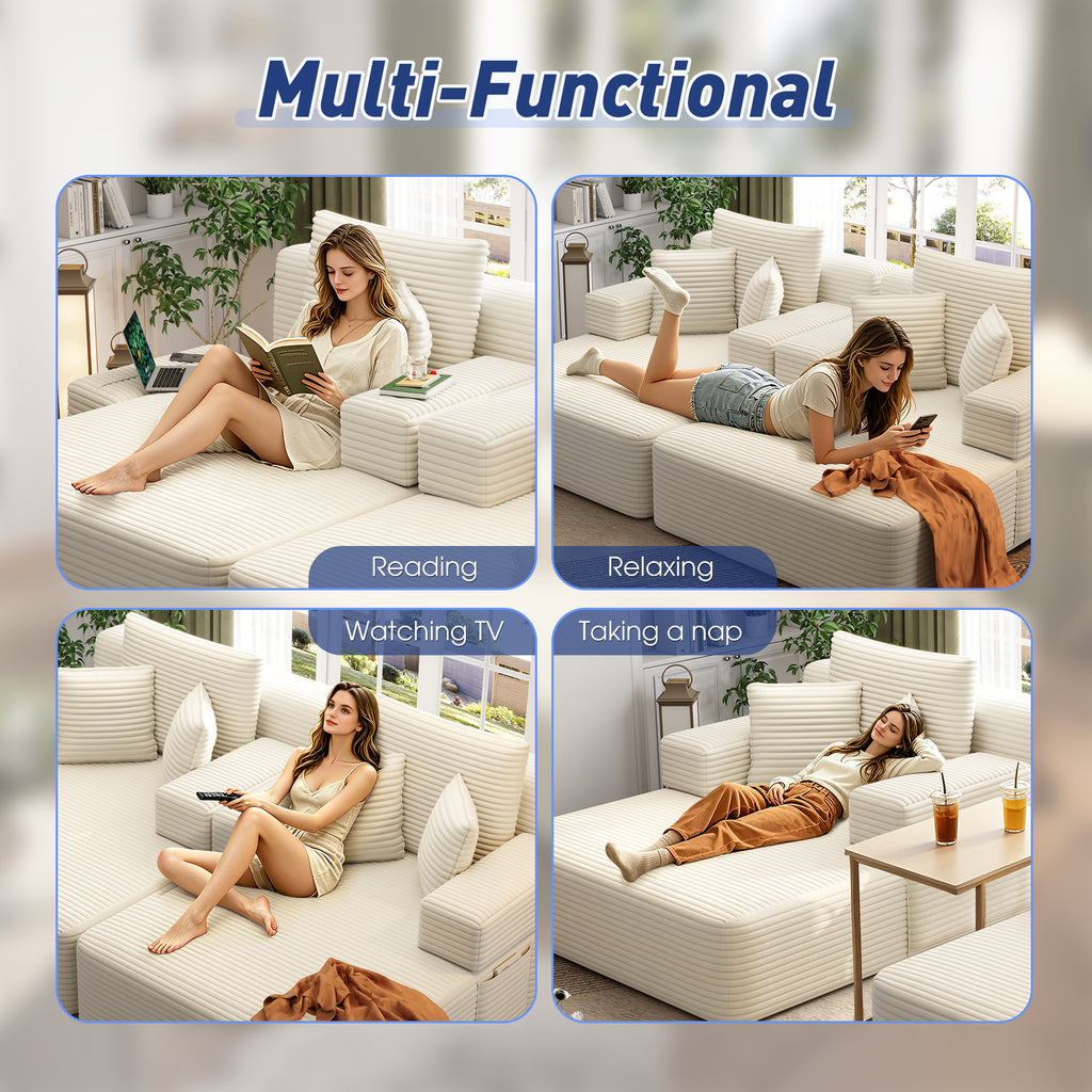 Kelyda 97'' Oversized Chaise Lounge Chair Indoor, Modern Boneless Convertible Corduroy Couch Loveseat Sofa Sleeper
