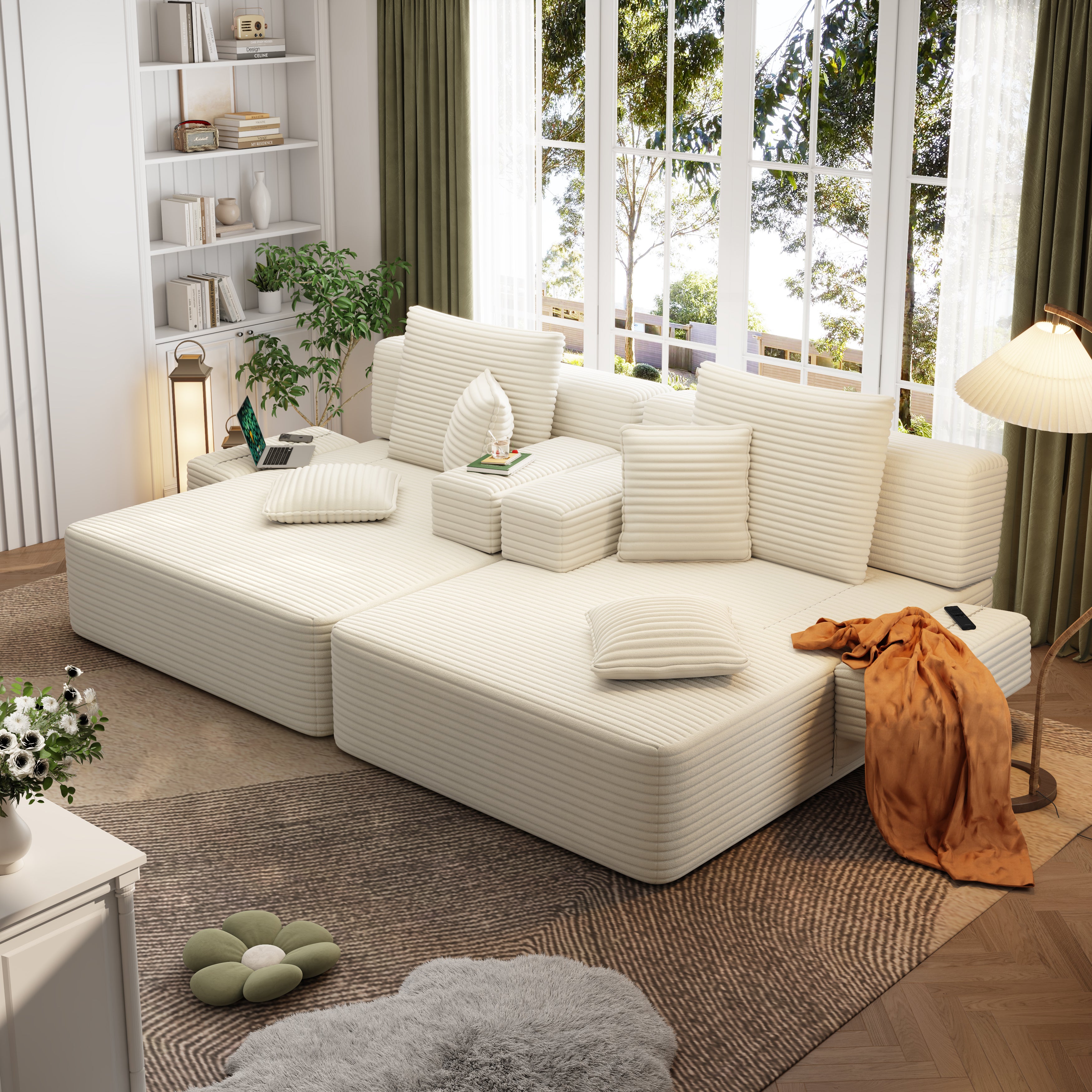 kelyda 97'' Double Chaise Lounge Chair Indoor, 2 in 1 Modern Convertible Cloud Corduroy Sofa Bed Sleeper Chair
