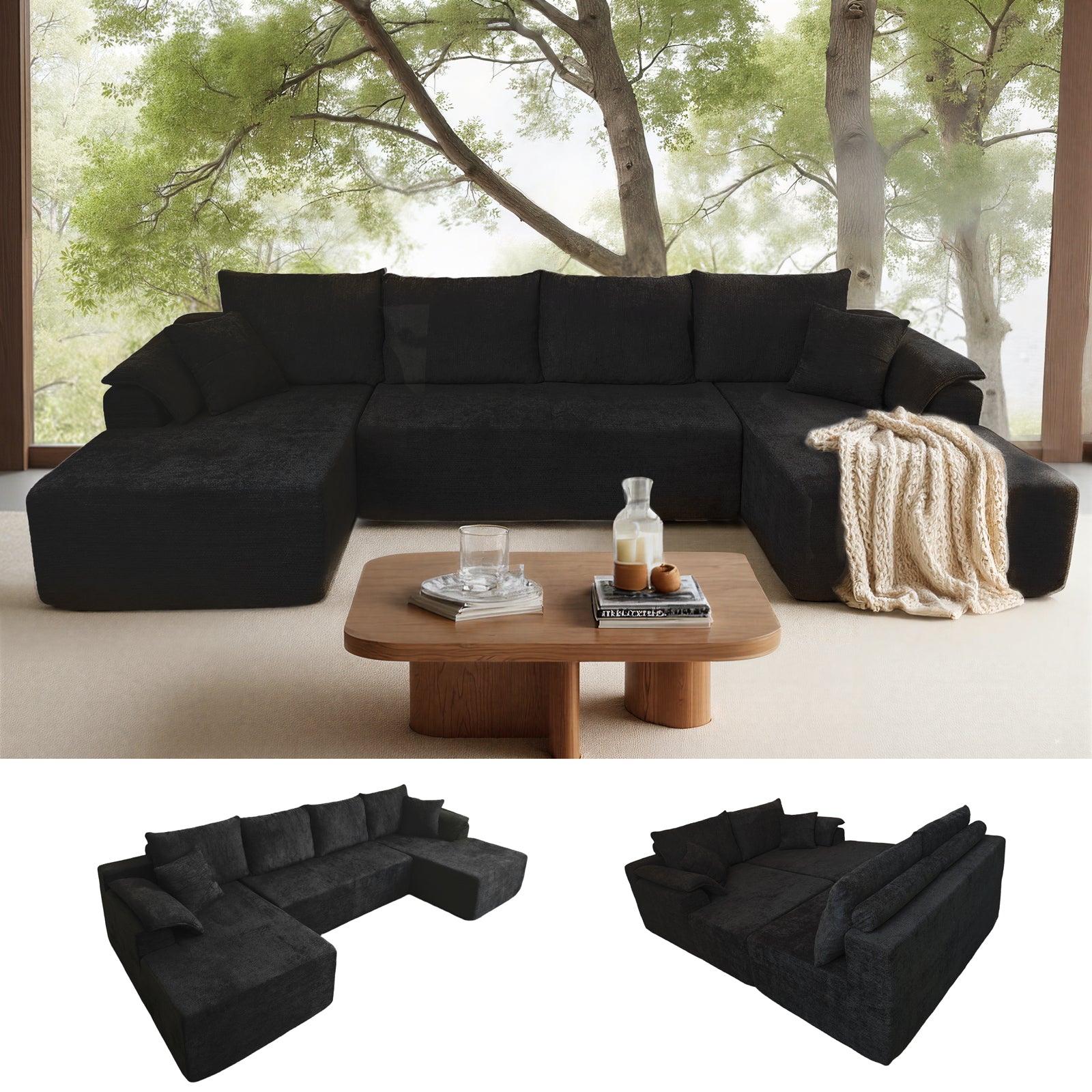 132'' U Shaped Sectional Couches for Living Room, Black Modular Boneless Cloud Sofa with 2 Chaise Lounges, 4-in-1 Flexible Combination Layered Foam Cushion Deep Seat Corner Couch, No Assembly