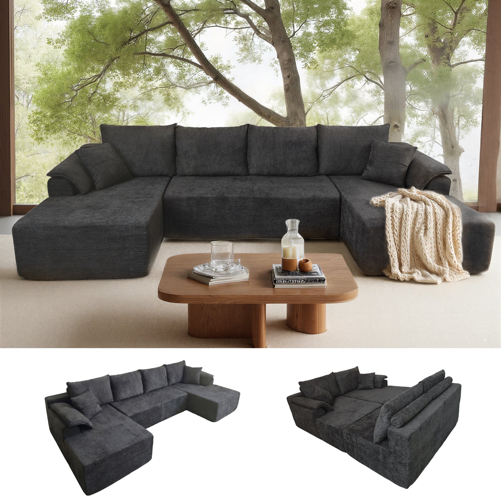 132'' U Shaped Sectional Couches for Living Room, Black Modular Boneless Cloud Sofa with 2 Chaise Lounges, 4-in-1 Flexible Combination Layered Foam Cushion Deep Seat Corner Couch, No Assembly