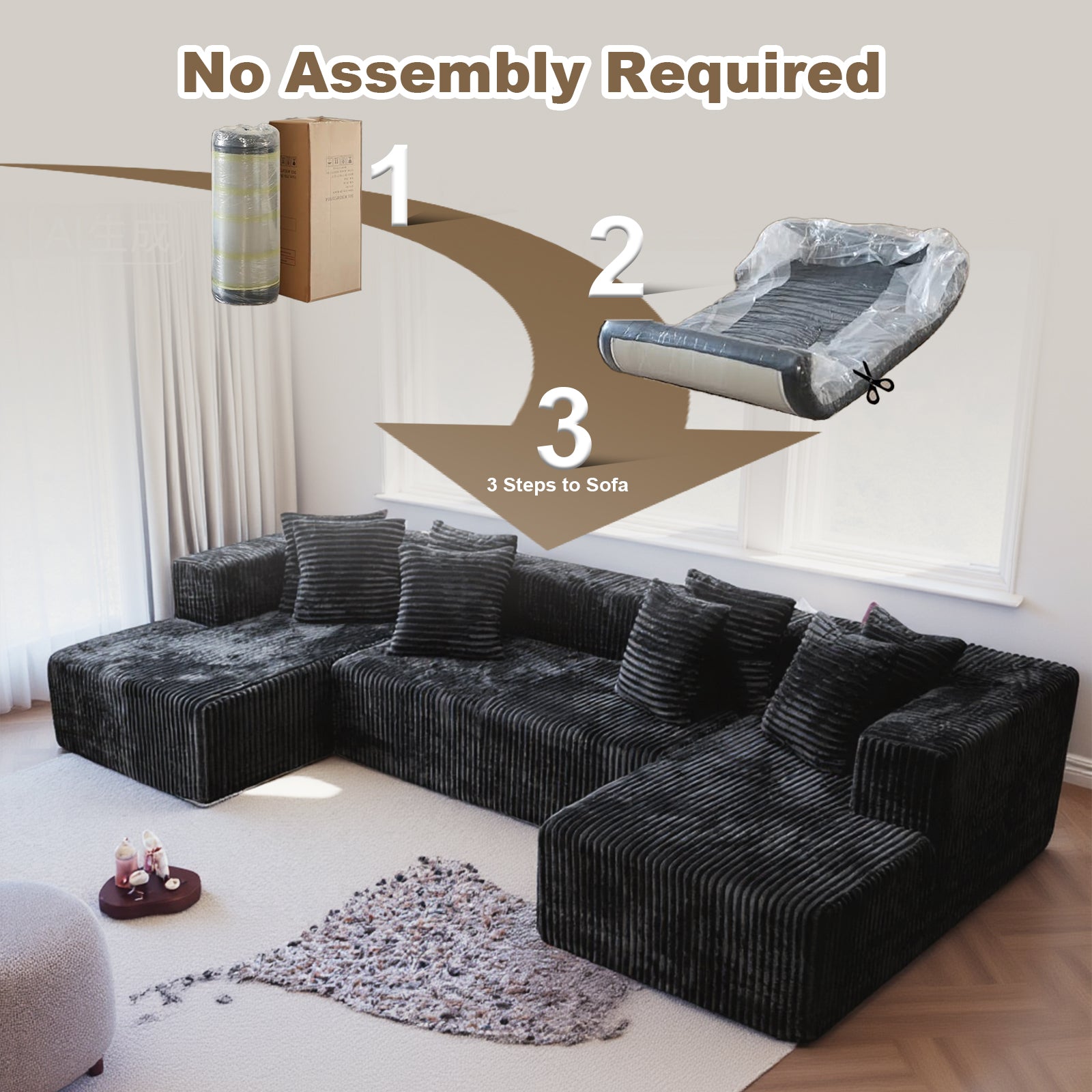 Kelyda 132 Inch Modular Sectional Sleeper Sofa, Modern U Shaped Fuax Fur Boneless Cloud Couch for Living Room