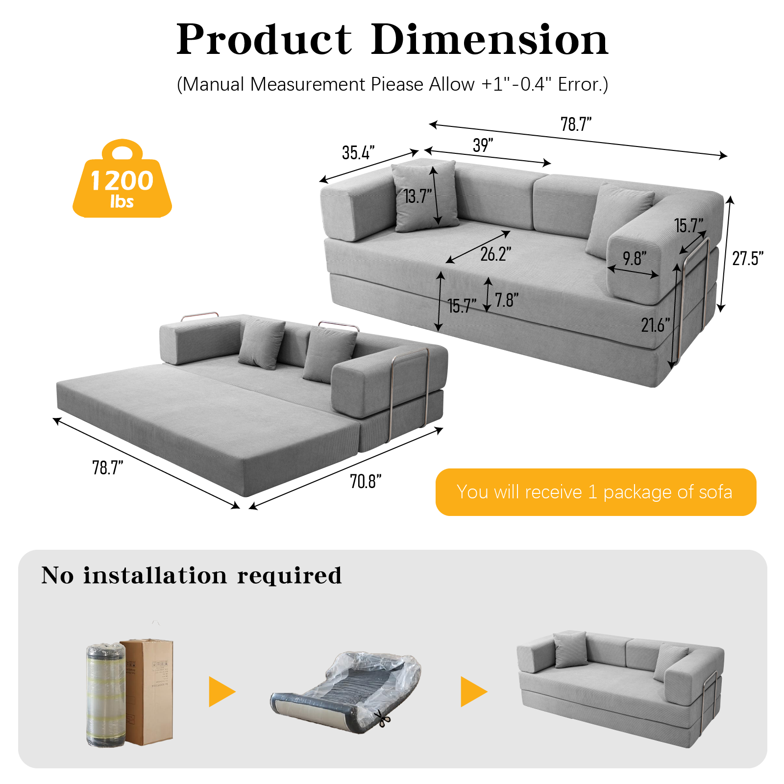 Kelyda 79'' Folding Sofa Bed Couch, Modern Modular Boneless Cloud Couch Sleeper Loveseat for Living Room