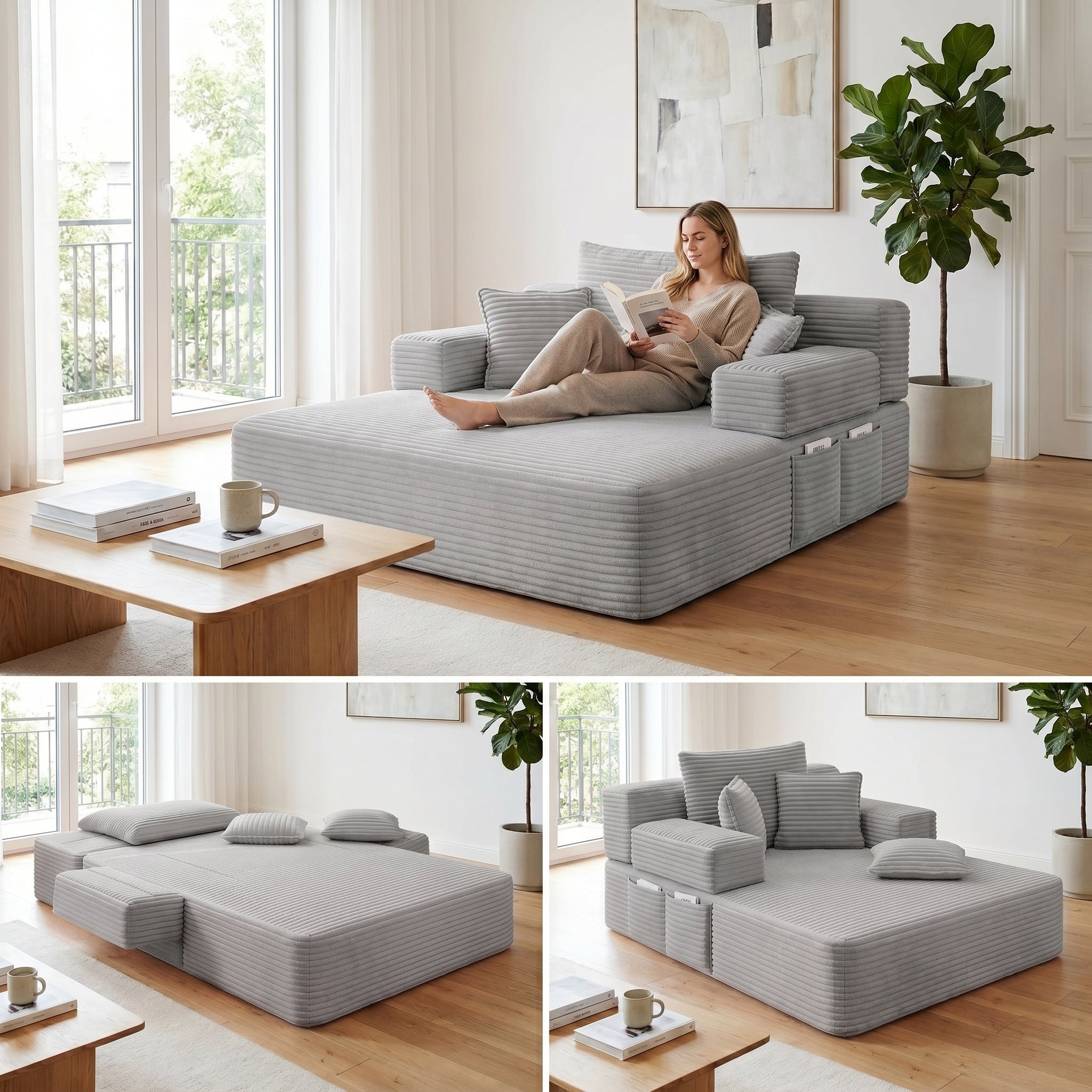 Kelyda Oversized Chaise Lounge Chair Indoor, Modern Boneless Convertible Corduroy Couch Loveseat Sofa Sleeper