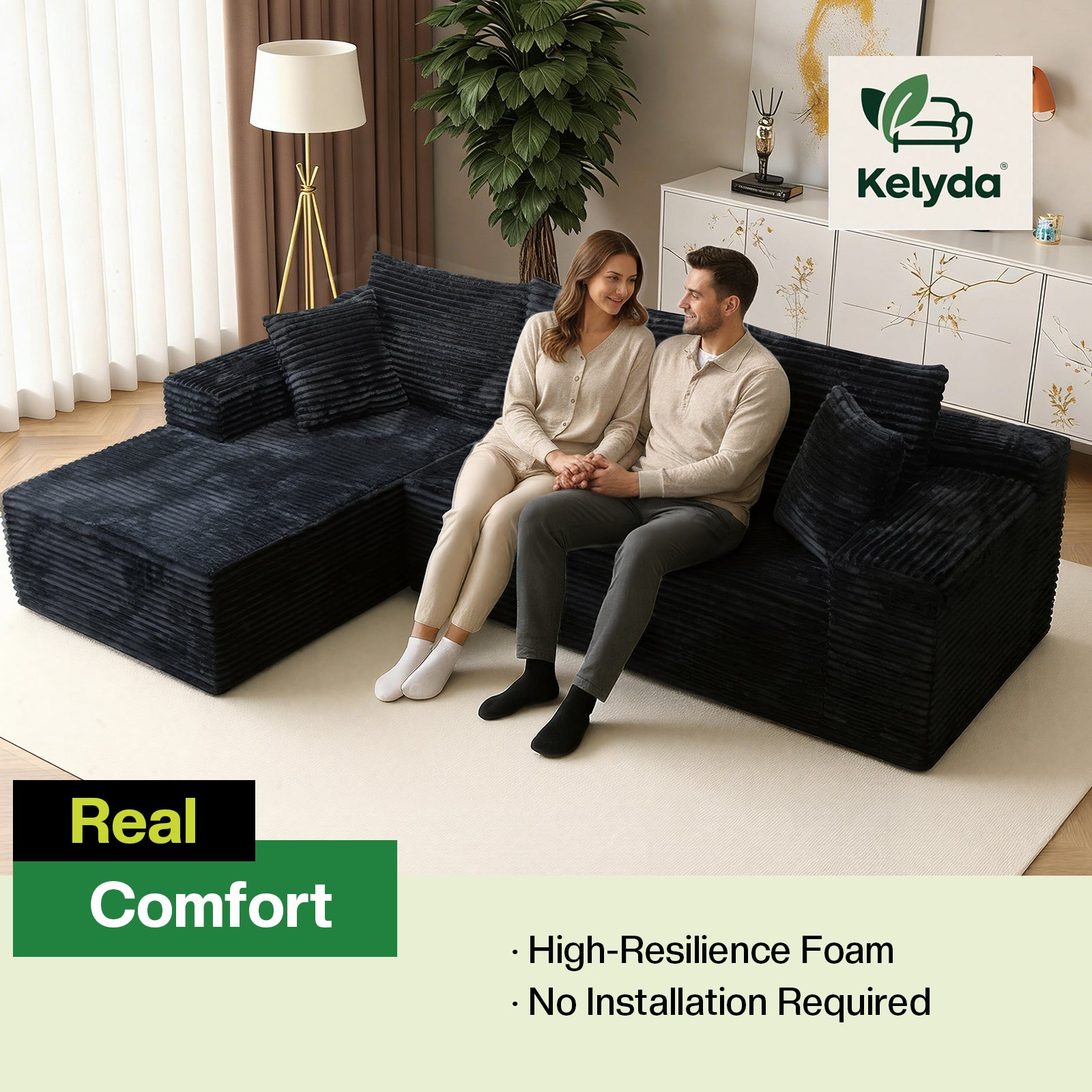 Kelyda 106" Boneless L-Shaped Modular Sectional Sofa, Faux Rabbit Fur for Living Room