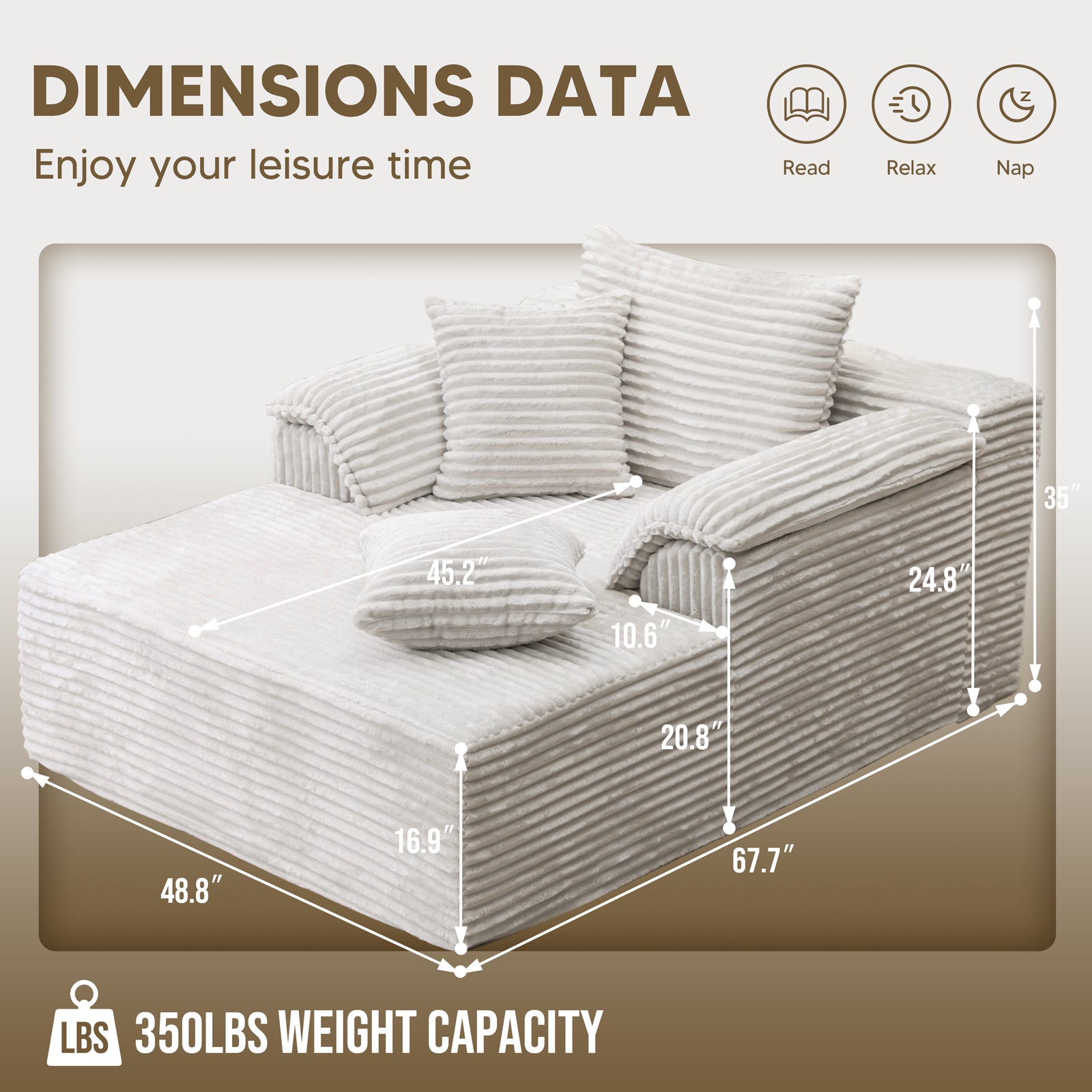 Kelyda 67"x48" Oversized Chaise Lounge Chair Indoor, Modern Boneless Cloud Corduroy Couch Sofa Sleeper Bed