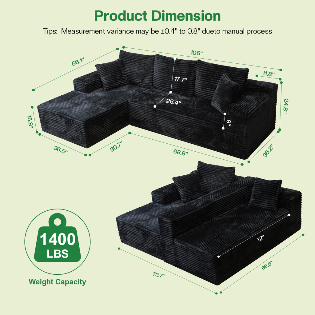 Kelyda 106" Boneless L-Shaped Modular Sectional Sofa, Faux Rabbit Fur for Living Room