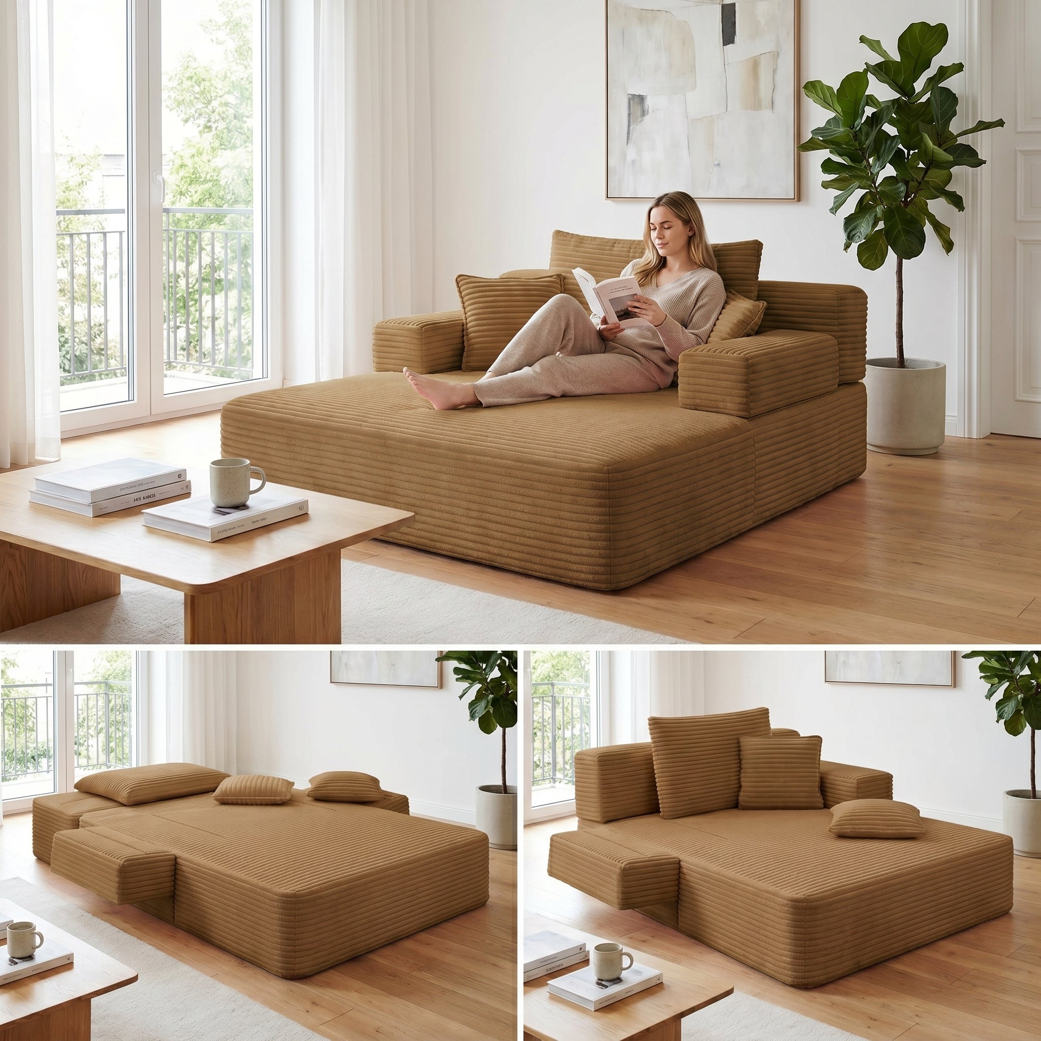 Kelyda Oversized Chaise Lounge Chair Indoor, Modern Boneless Convertible Corduroy Couch Loveseat Sofa Sleeper