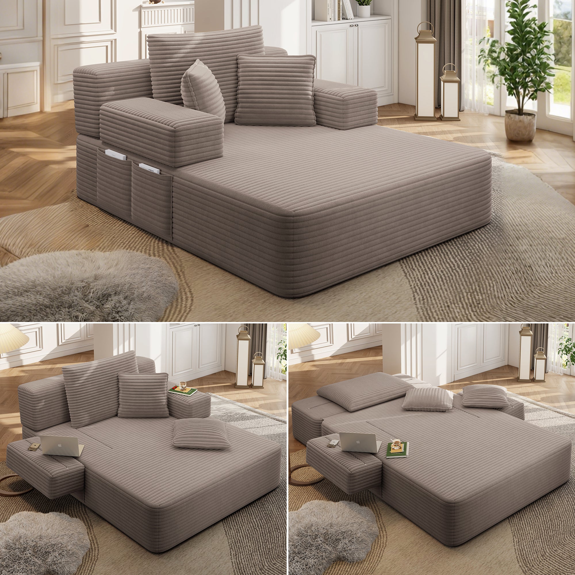 Kelyda 61'' Boneless Chaise Lounge Chair Indoor, 2 in 1 Modern Convertible Cloud Corduroy Sofa Bed Sleeper Chair Dark Grey