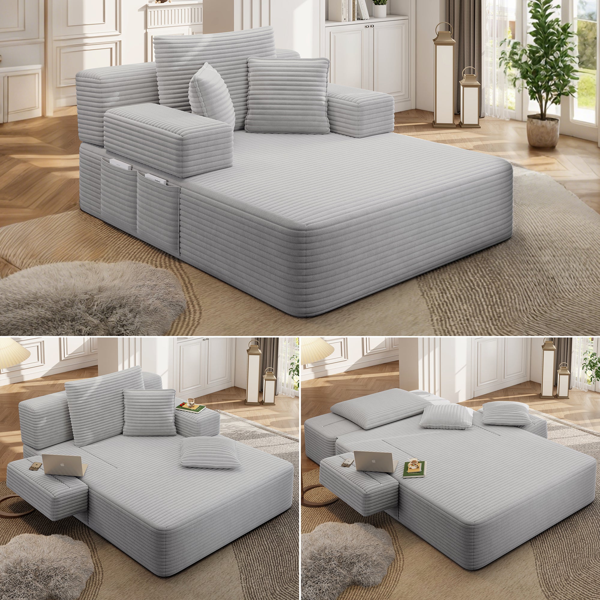 Kelyda 61'' Boneless Chaise Lounge Chair Indoor, 2 in 1 Modern Convertible Cloud Corduroy Sofa Bed Sleeper Chair Dark Grey