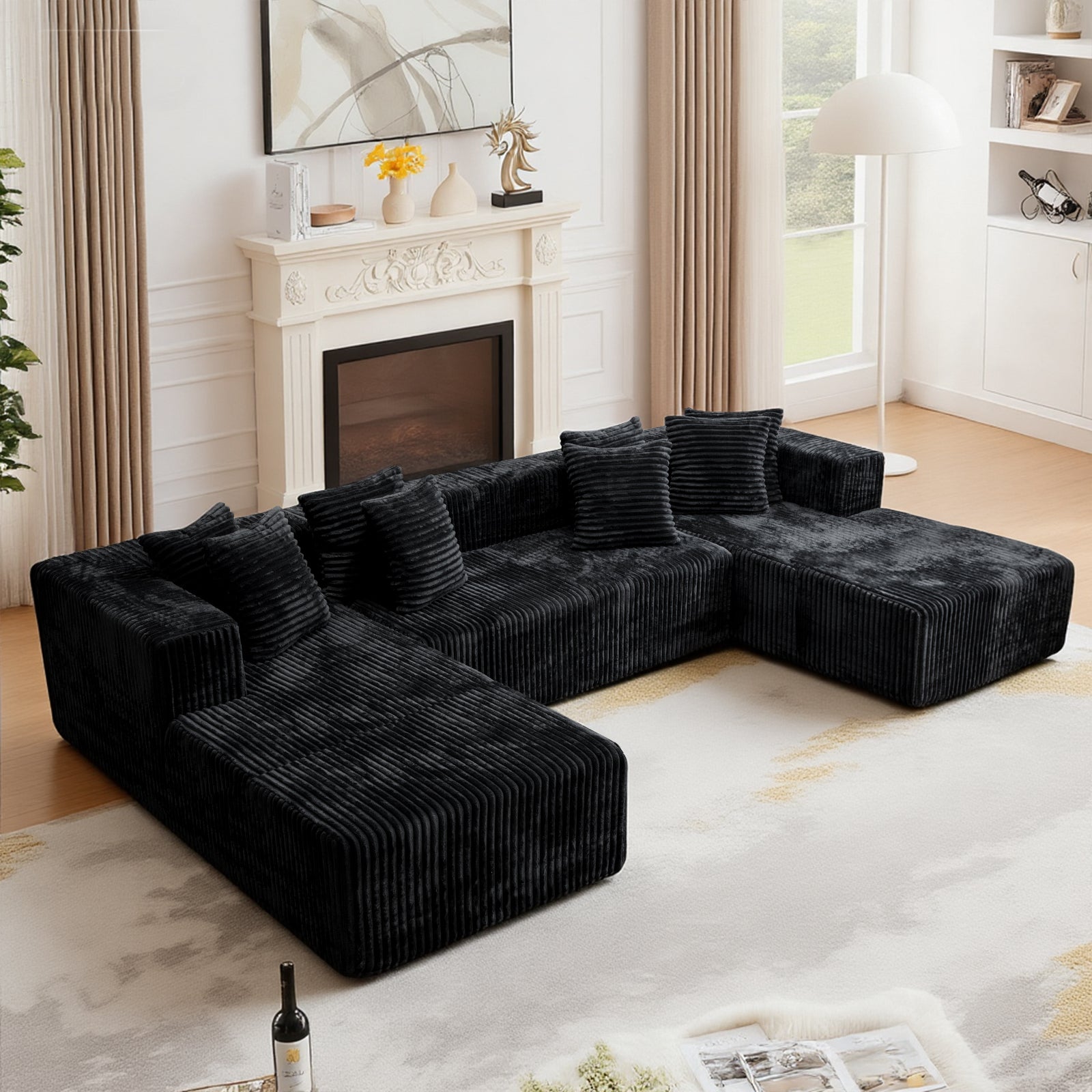 Kelyda 132 Inch Modular Sectional Sleeper Sofa, Modern U Shaped Fuax Fur Boneless Cloud Couch for Living Room